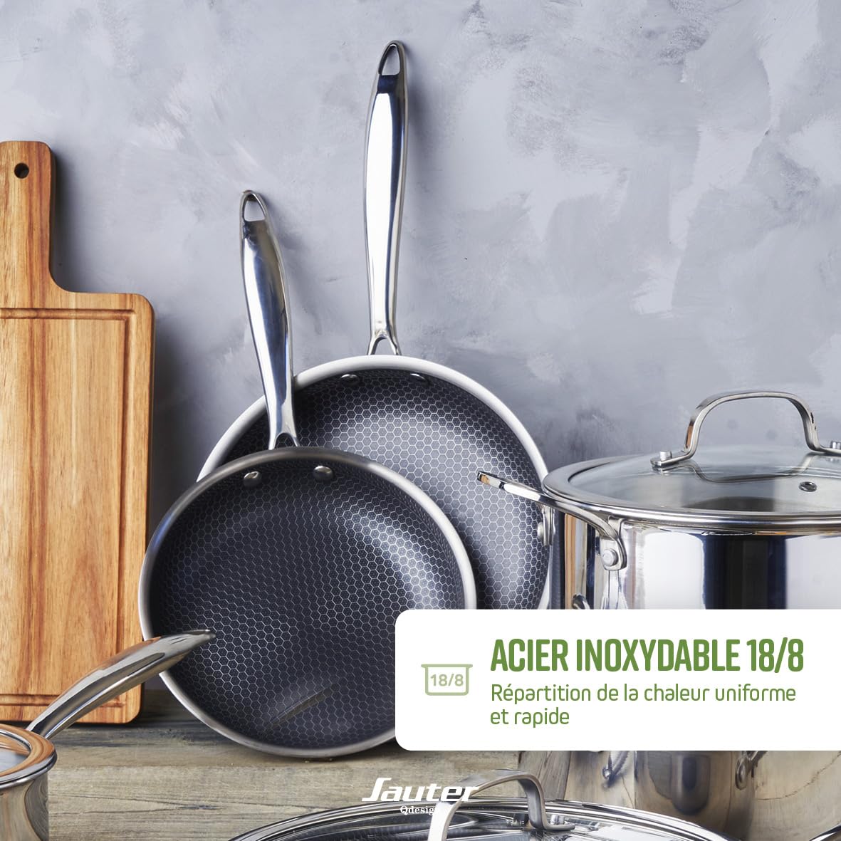 Qdesign - Batterie de Cuisine à Induction 3 Pièces - Set de 3 Poêles Anti-Adhésives Multicouche 20, 24 et 28 cm avec Poignée en Acier Inoxydable - Lot pour Tout Feu - Sans PFOA - Argenté