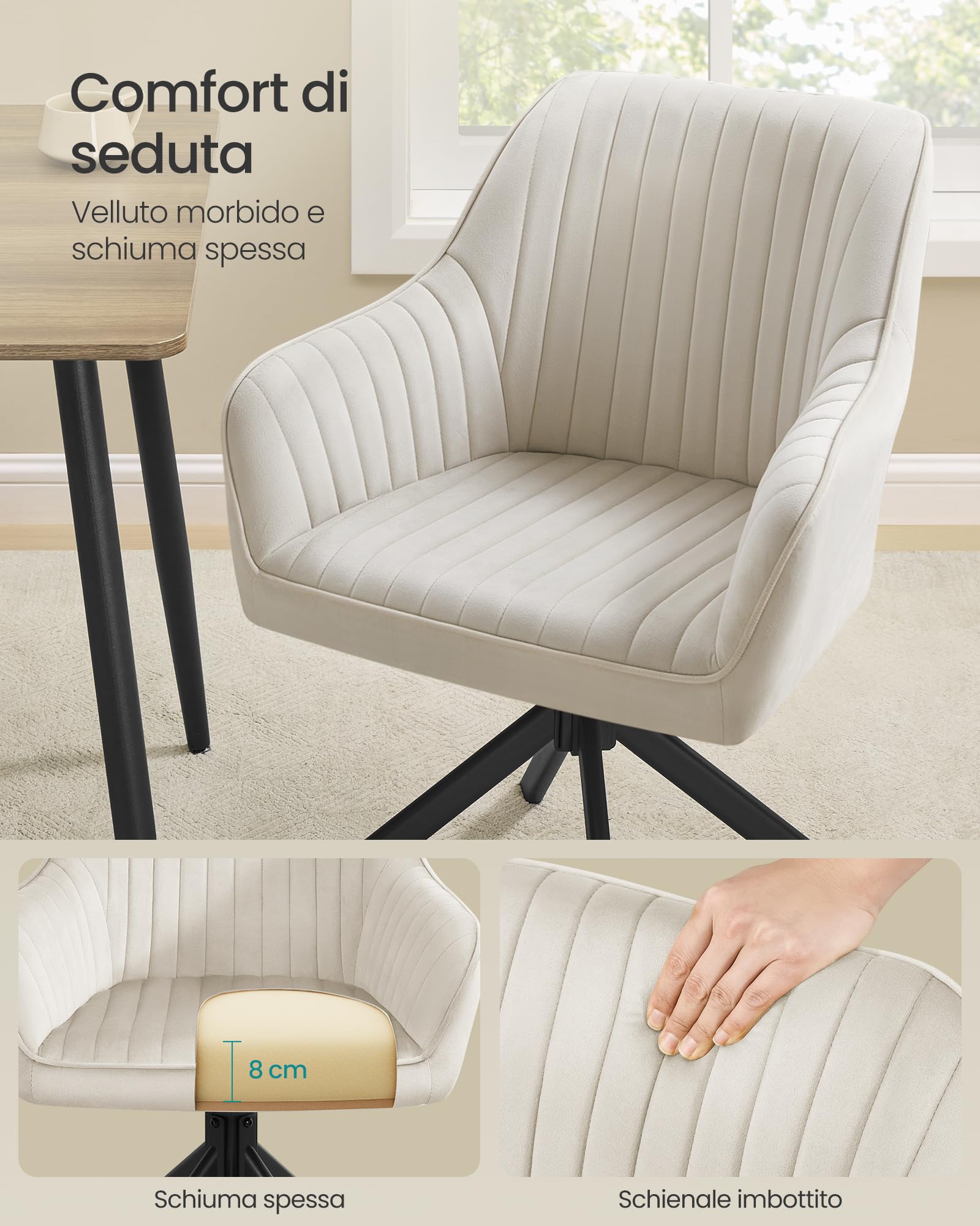 SONGMICS Sedia da Pranzo, Portata 120 kg, Poltrona Girevole Imbottita con Braccioli, Velluto, Gambe in Acciaio, per Sala da Pranzo Cucina, Beige Cappuccino e Nero Inchiostro KDC161LH01V2