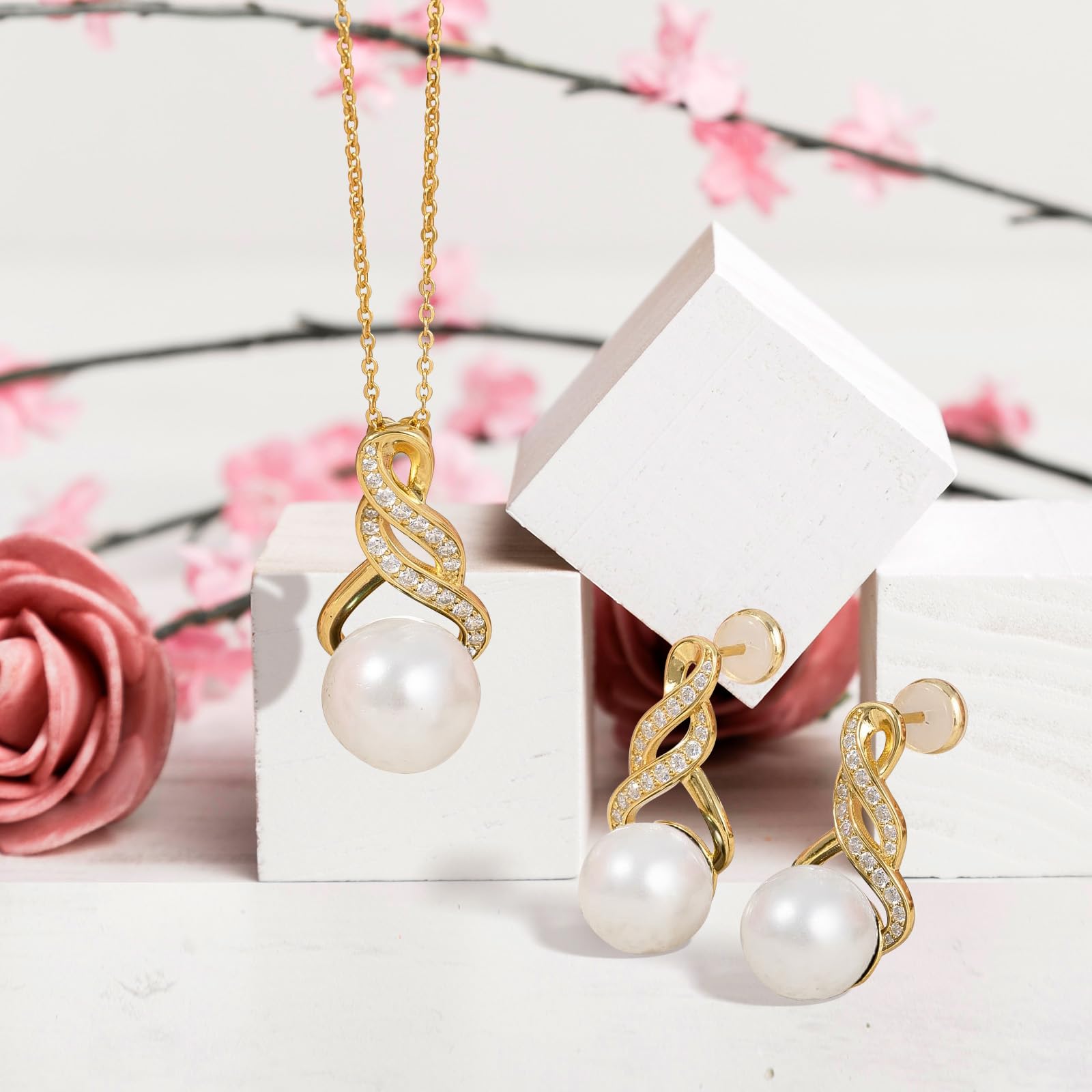 BONLAVIE Perlen Halskette und Ohrringe Set für Damen Rhodium-/Goldplatiert 925 Sterlingsilber Perlen Schmuckset Jubiläum Geburtstagsgeschenk für Sie Verpackt in einer Eternal Rose Box