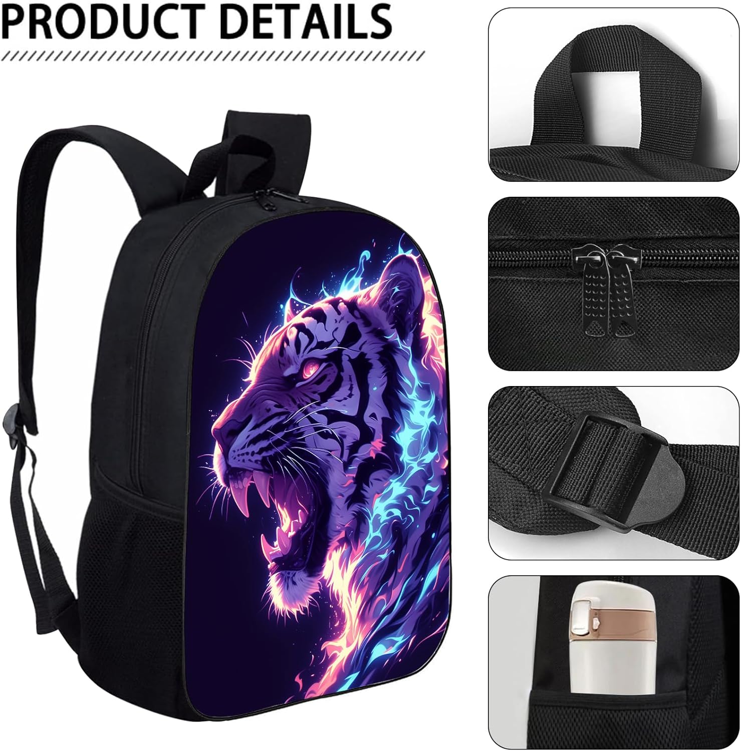SARA NELL Tiger Kids Backpack Cool Fire Tiger Backpack for Boys Girls, Large Water Resistant Elementary Middle High College School Students Travel Laptop Backpack, Animal Backpack, 17 Inch - Image 3