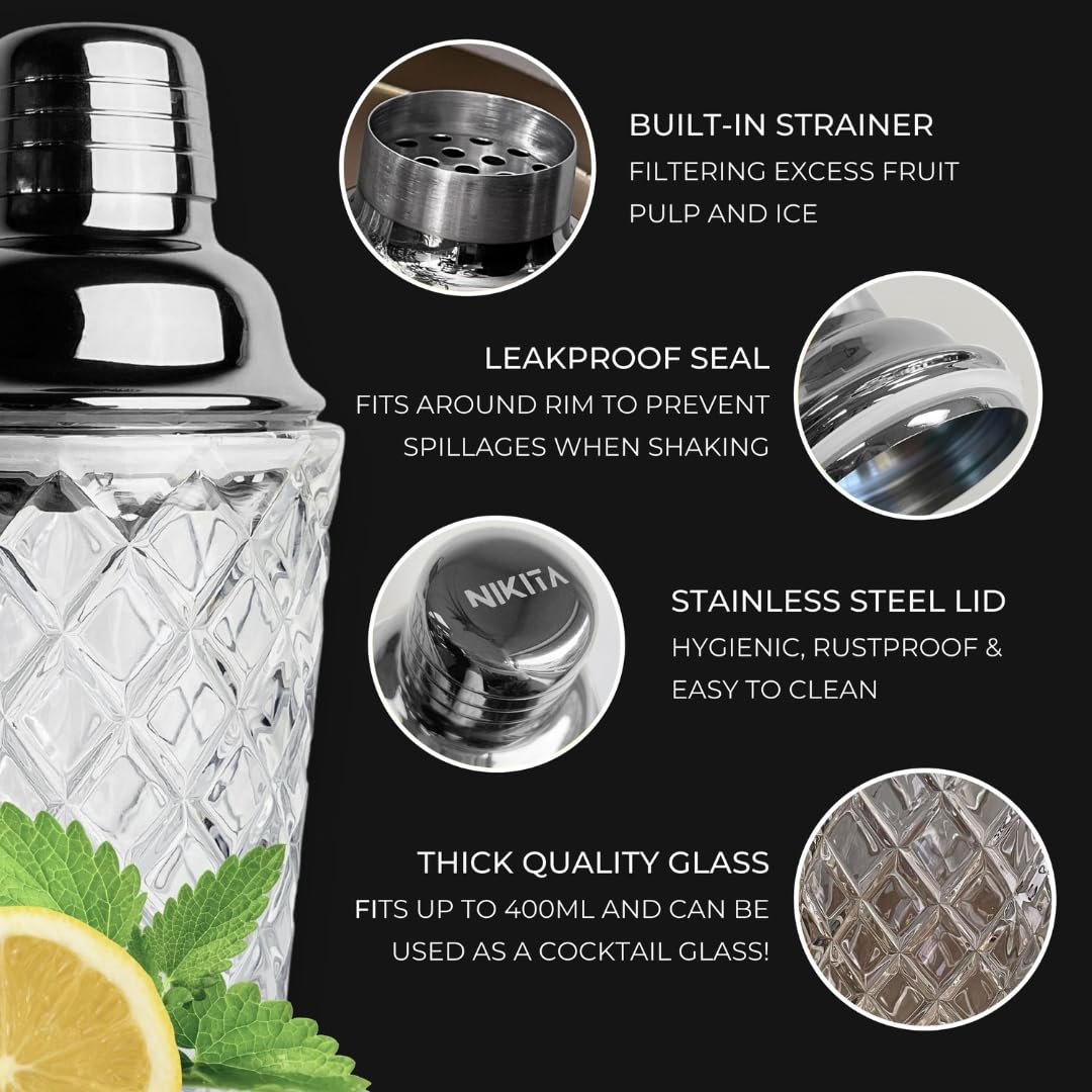 Glass Cocktail Shaker Set, 5 Piece, Silver Martini Shaker Set including Strainer, Jigger, Spoon & Muddler - Image 4