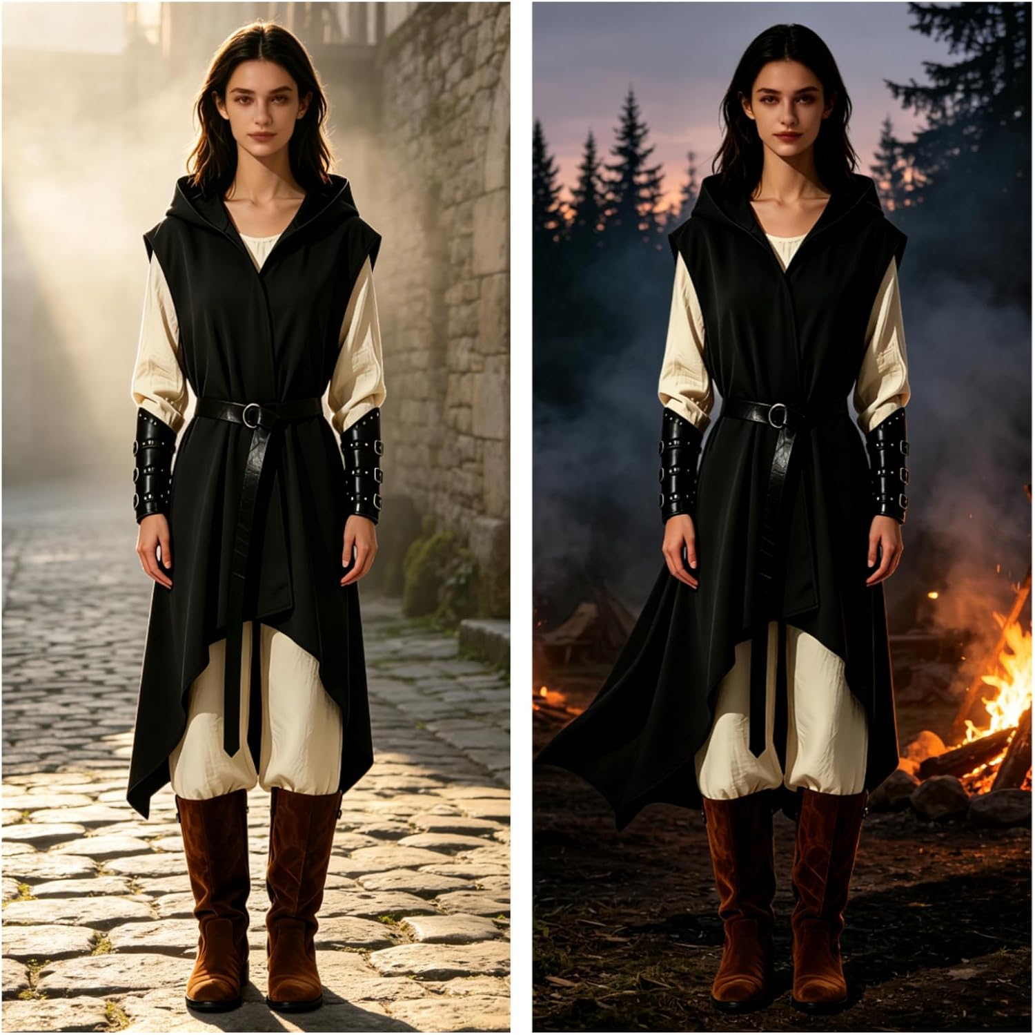 Women Medieval Hooded Sleeveless Surcoat Halloween Cosplay Tunic Cloak Outfits Renaissance Costume