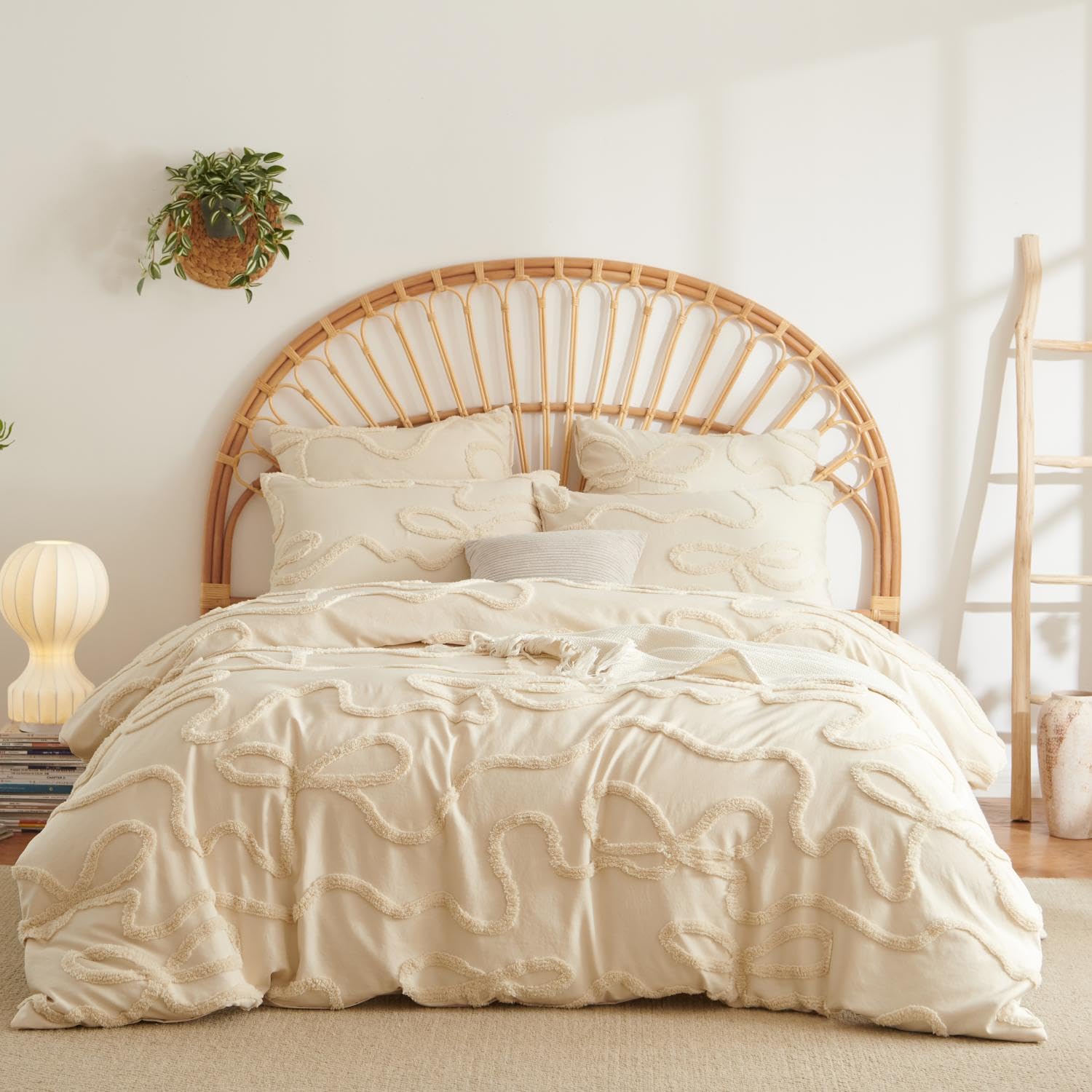 Lanqinglv Beige Bettwäsche 200x200 cm Boho Getuftet Exquisite Stickerei Schleifen Shabby Chic Vintage Doppelbett Bettbezug mit Reißverschluss und 2 Kissenbezüge 80x80cm