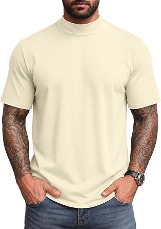 Vssjavun Mens Mock Turtleneck T Shirt Short Sleeve Solid Casual Basic Tee