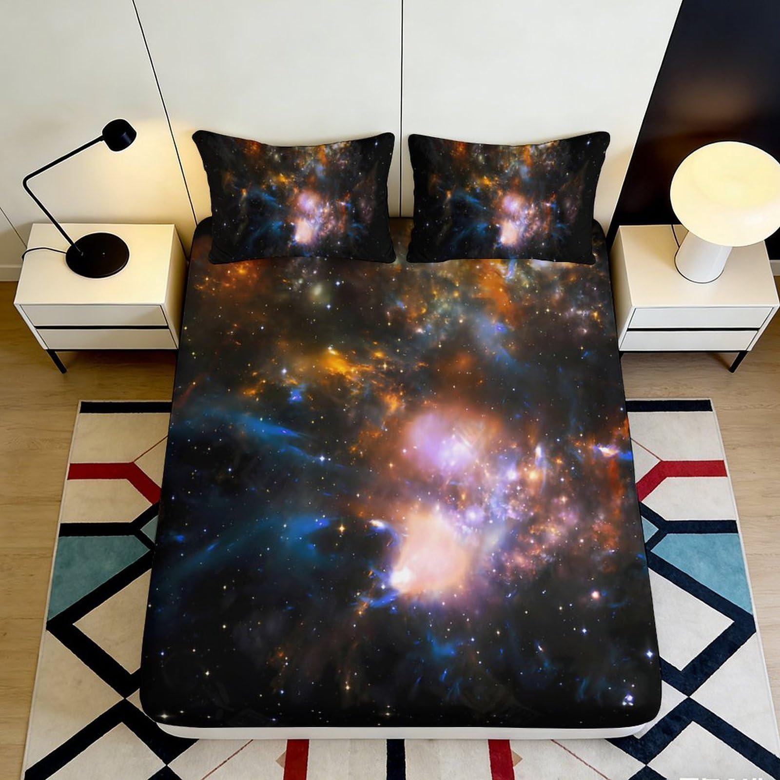 3D Printed Galaxy Starry Sky Fitted Sheet Microfiber Soft Breathable Cosmic Nebula Bed Cover for Bedroom Dorm Dormitory Guest Room Mattress Protection 200x200x25cm