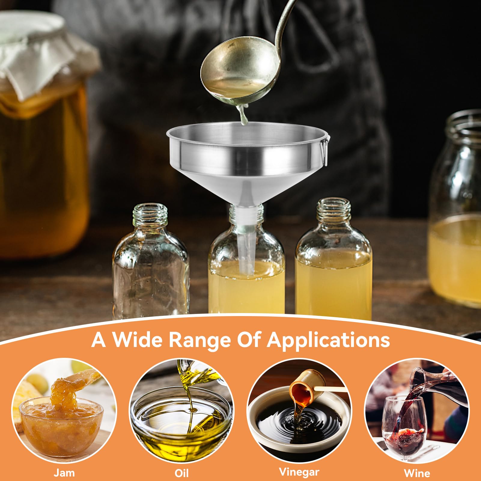 Imbuto Cucina, Ø 15cm imbuto acciaio inox di riempimento per liquidi e ingredienti secchi Imbuto per olio per auto, facile da pulire e riporre(L)