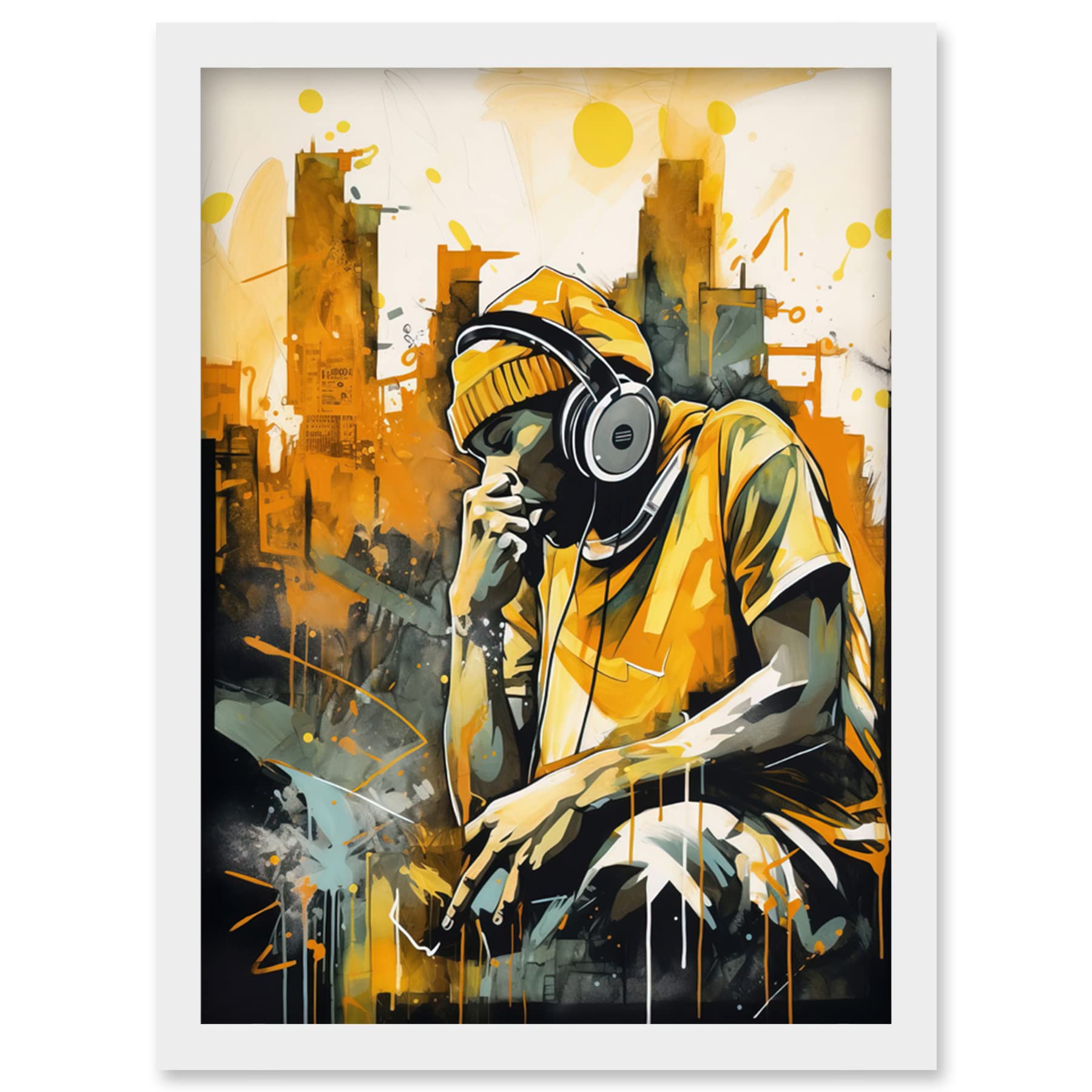 Artery8 Abstract Cityscape Young Man Wearing Headphones Listening to Music Modern Watercolour Illustration Artwork Framed Wall Art Print A4