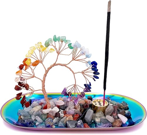 Soporte de incienso de cristal para palos con bandeja colectora de cenizas, árbol de cristal colorido curativo de chakras, árbol de dinero de la