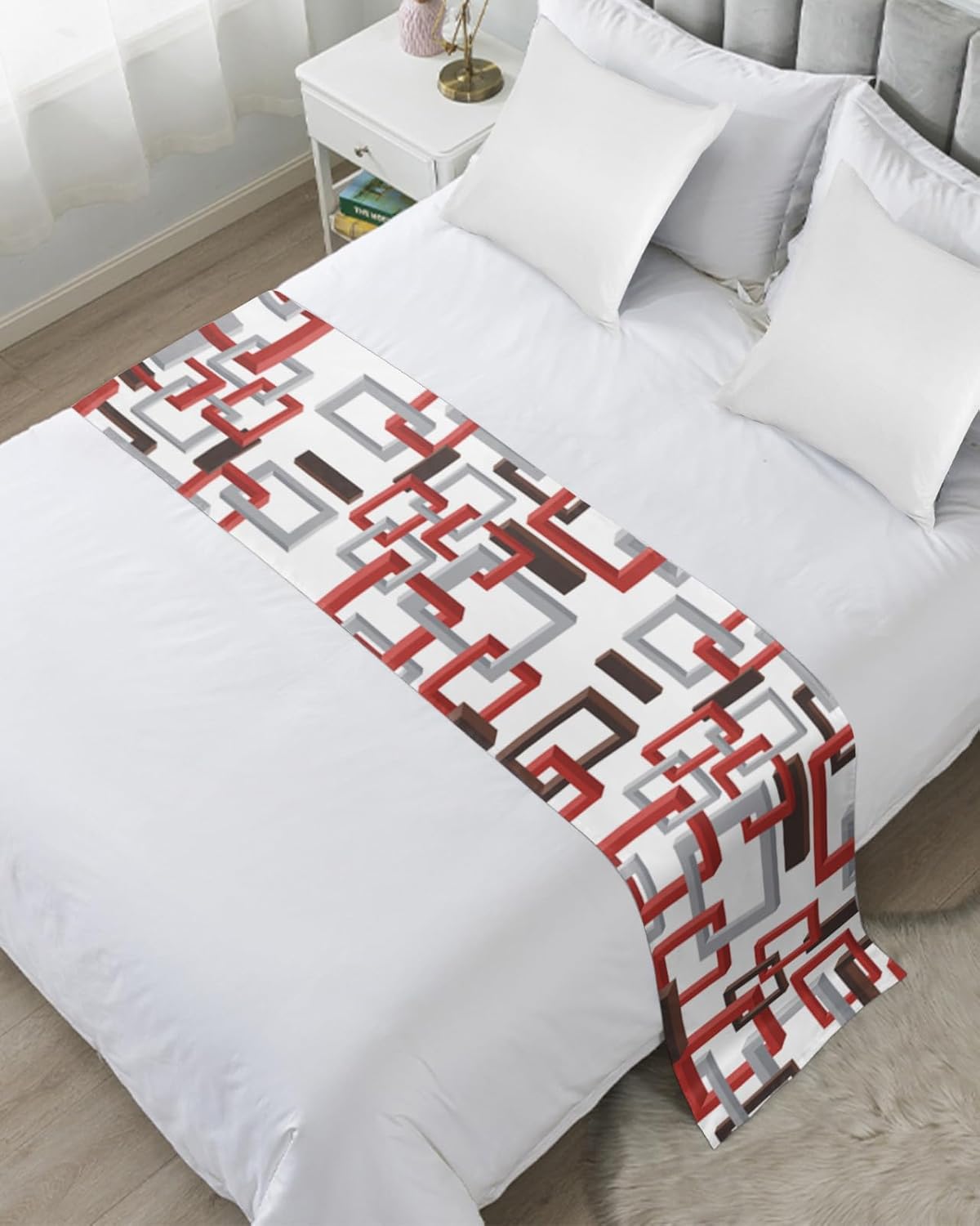 Smile Sunflower Bed Runner Scarf Mid Century Geometric Pattern Red Brown Gery Bedding Scarf Decorative Bed Runners Cover for Home Bedroom Hotel Wedding Room Bed Scarf for Foot of Bed King 102x20in