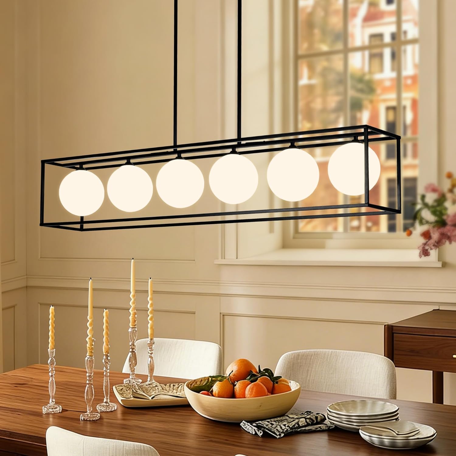 Rectangle Chandeliers for Dining Room 47'' Globe Linear Chandelier with Milk White Glass Globe Chandelier 6-Light Linear Mid Century Modern Chandelier Rectangular Kitchen Island Lighting
