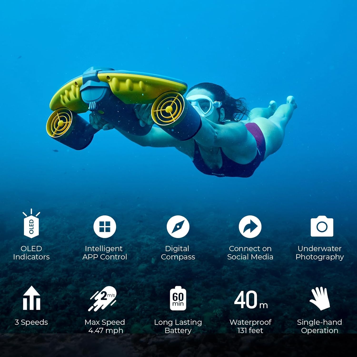 sublue Navbow+ Smart Professional Underwater Scooter with Extra 158Wh Battery Dual Motors Action Camera Mount 3 Gear Speed 4.47mph 60 Minutes 131ft Swimming Pool Diving Snorkeling for Adults
