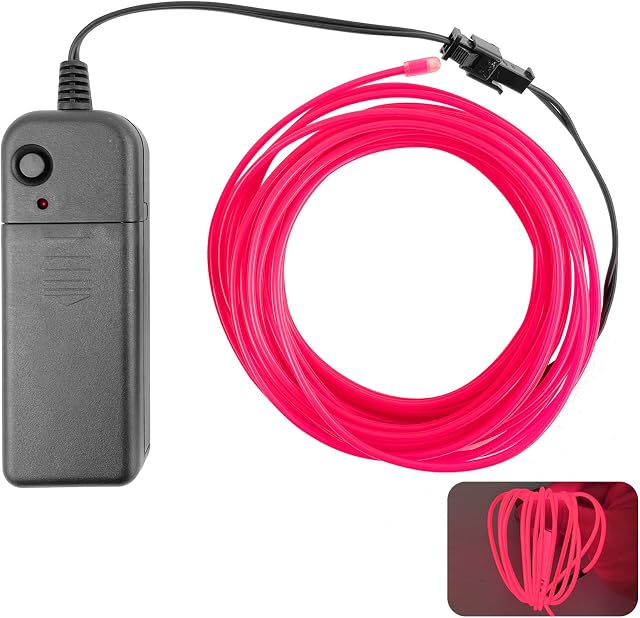 Pink EL Wire 5m/16.4ft Battery LED EL Light, Flexible Electroluminescent Wire for DIY Neon Sign Kit, Shape Your Own Neon Lights, Strobing Glowing Rope for Parties, Halloween, Cosplay Decoration