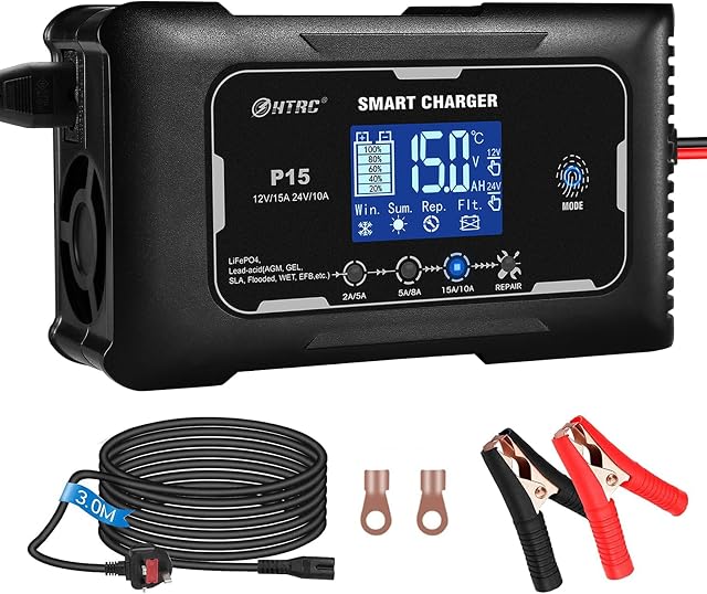 Car Battery Charger, HTRC 15A 12V/24V Battery Charger for Leisure(AGM/Gel/SLA/EFB) and LiFePO4, Automatic Intelligent 7-Stages Trickle Charger Maintainer with LCD Screen for Car, Motorcycle and More