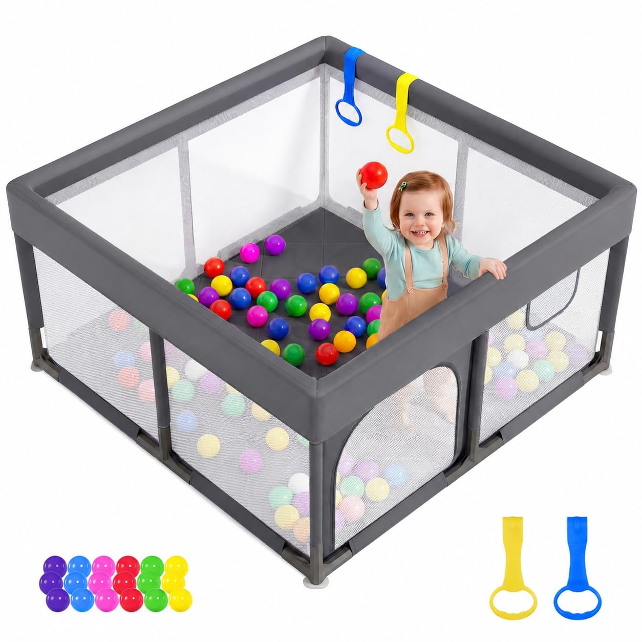 Dripex Laufstall Baby mit integrierter Matte, Dunkelgrau, 124×124 cm | All-in-One Design mit rundum gepolstertem Rahmen, integrierter Matte, 2 Greifringen und bunten Bällebadbällen.