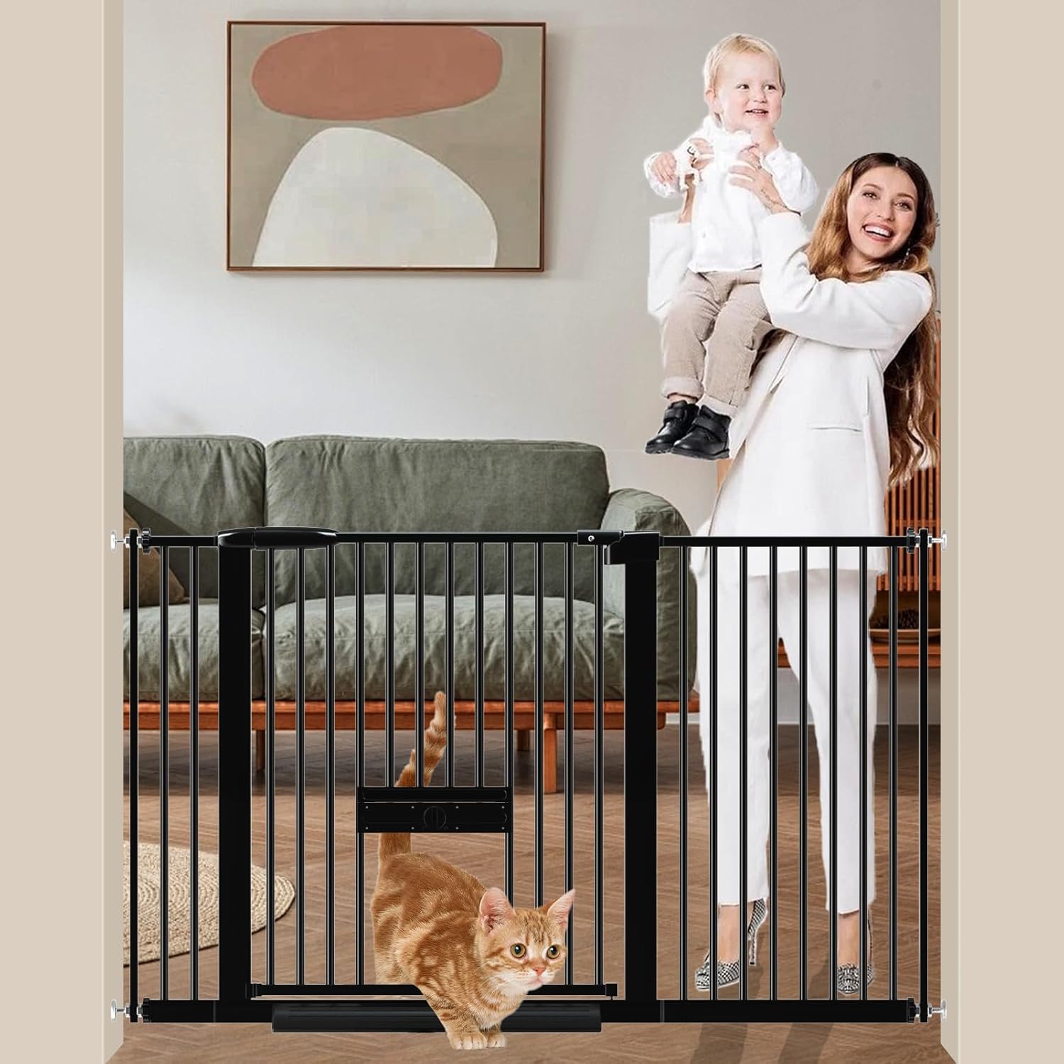 DEARBB 1.37" Ultra Narrow Spacing 30.11-77.36" Extra Wide Baby Gate with Small Pet Door,Pressure Mounted Double Lock Auto Close Walk Through Metal Safety Dog Gate