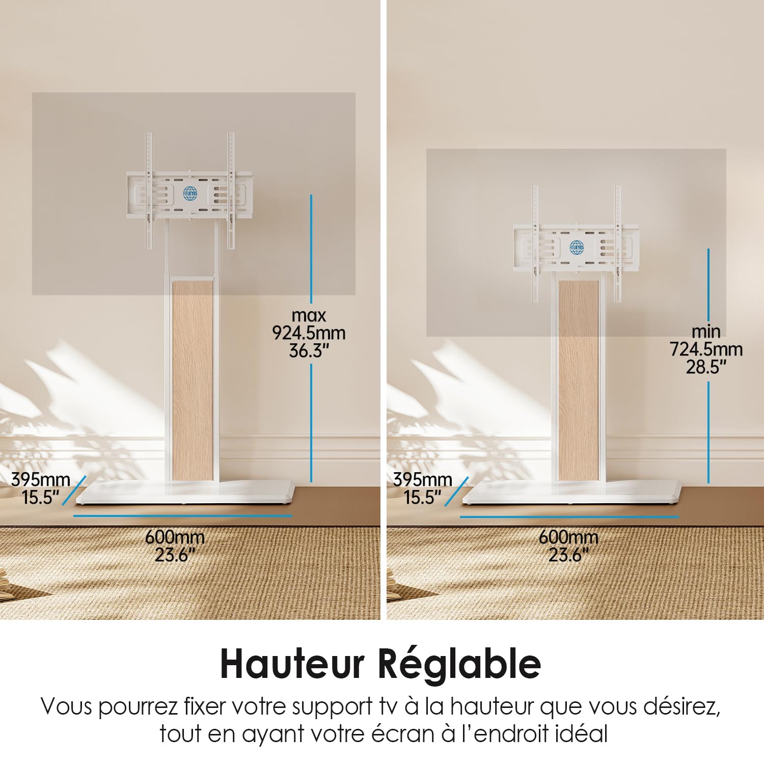 FITUEYES Support TV sur Pied pour Téléviseurs de 32 à 65 Pouces Pied pour TV Pivotant 40° Hauteur Réglable 886 MM - 1146 MM Max. Charge 40KG VESA 100×100 MM – 400×400 MM Montage au Sol