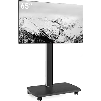 AOKCOS TV Stand Rollable with Wooden Shelf TV Stand on Wheels for 32-65 Inch TVs TV Floor Stand Height Adjustable Swiveling up to 40 kg Max. VESA 400 x 400 mm Black