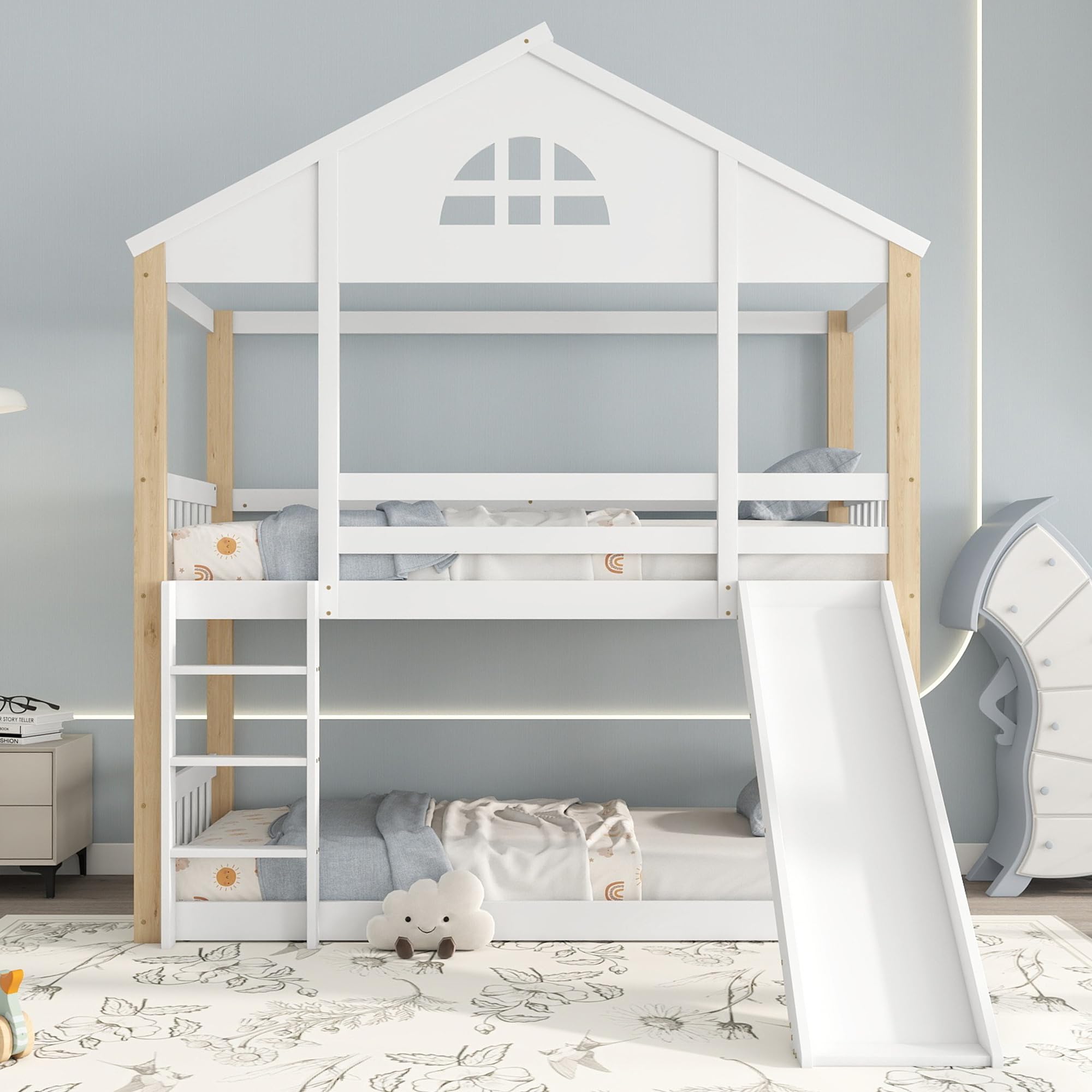 Soweiz Litera Infantil con Tobogán y Escalera, Cama Alta Casa de Madera, 90x200 cm