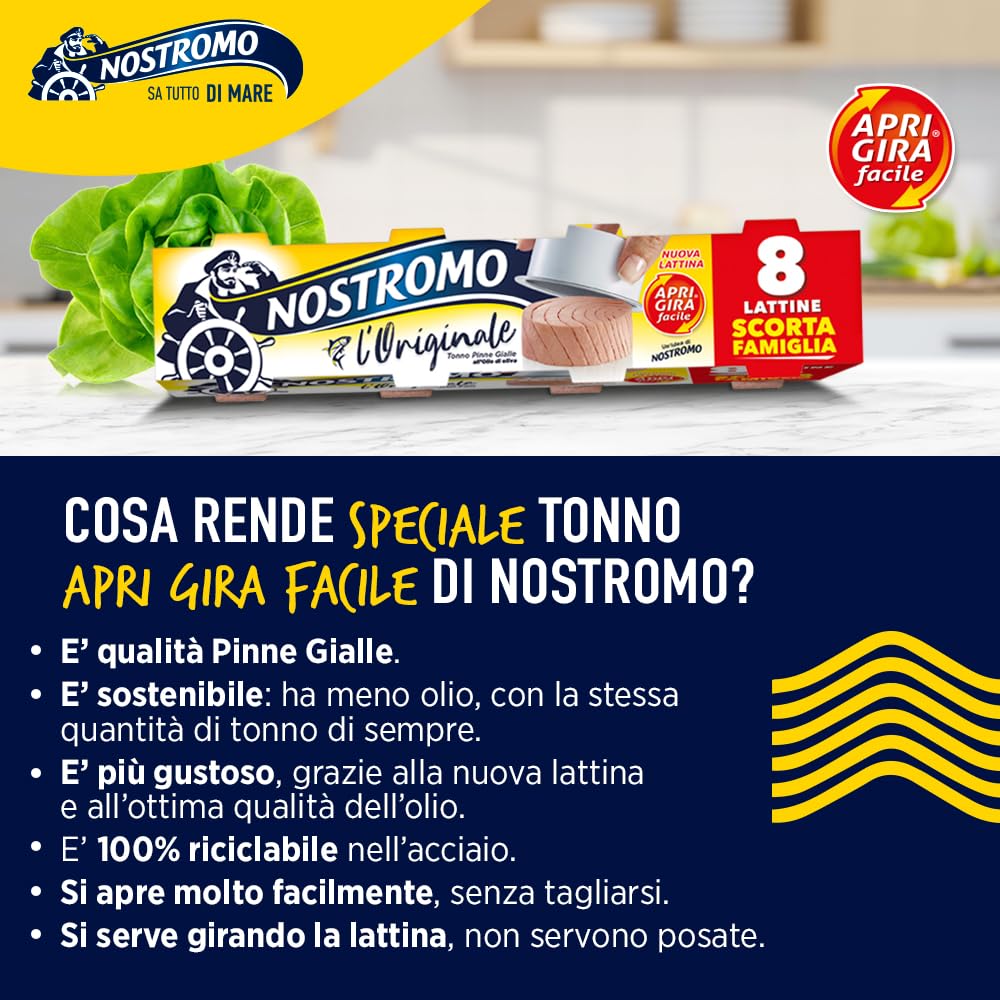 Nostromo - Tonno all'olio di oliva Apri Gira Facile, 8 lattine da 65gr. Facile da servire, pronto da gustare. Formato multipack.