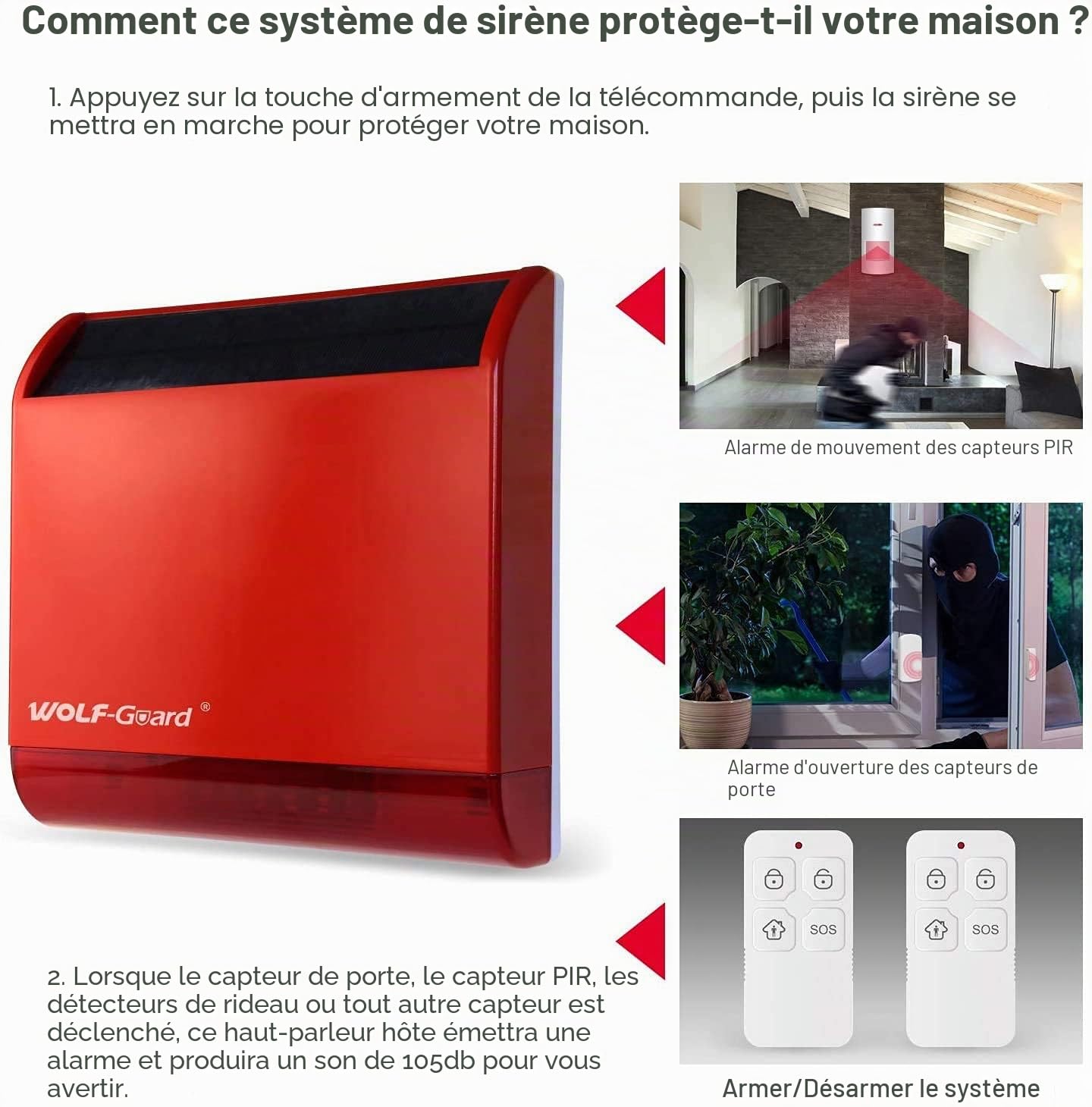 Wolf-Guard Alarme de Sirène Solaire sans Fil (110 DB)