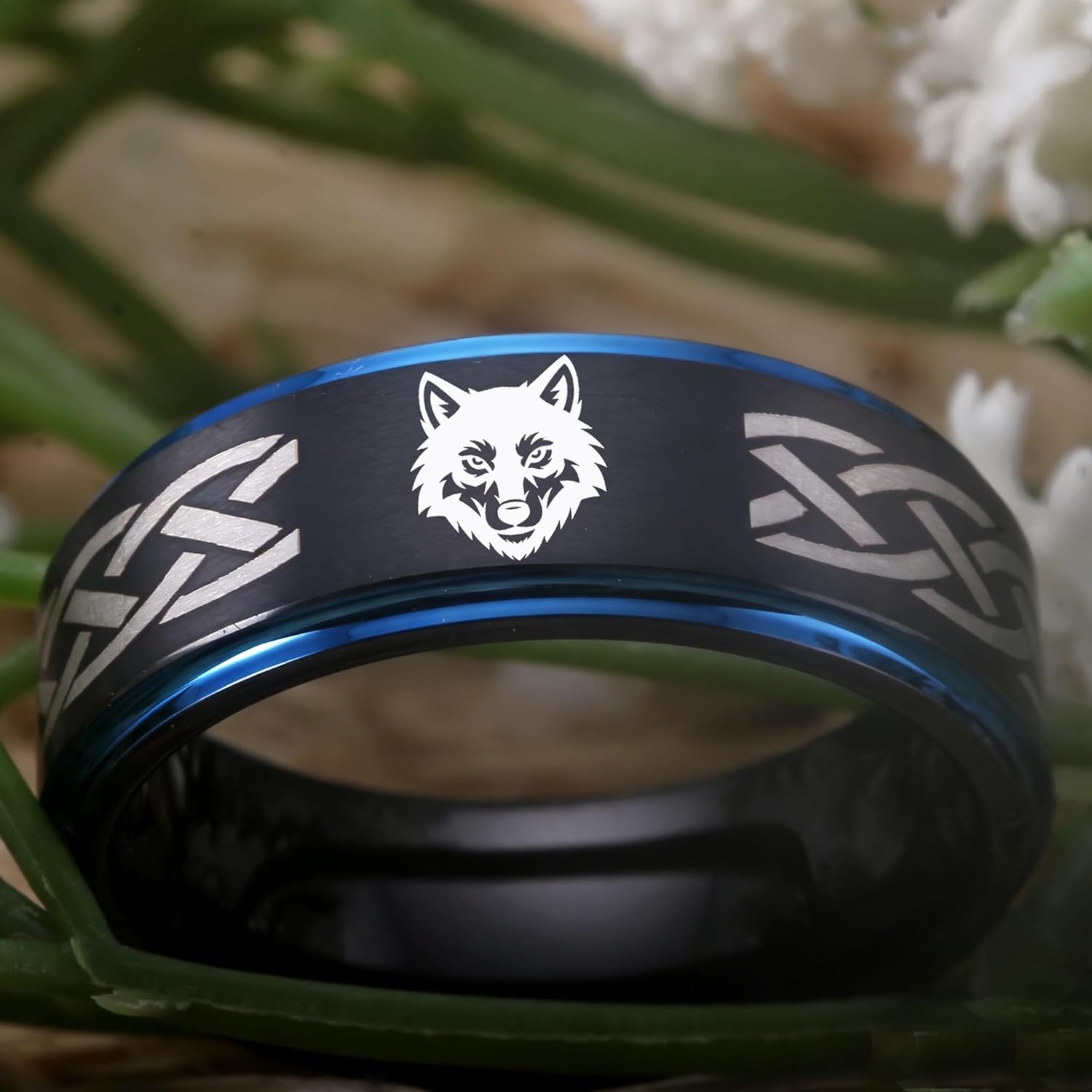CLOUD DANCER 8mm Tungsten Carbide Ring | Celtic Knot & Wolf Head Engraved Wedding Band | Comfort Fit Promise Ring for Men | Scratch Resistant & Durable - FREE Custom Engraving