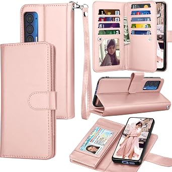 Tekcoo Wallet Case for Moto Edge 2021 / Motorola Moto Edge 5G UW, Luxury PU Leather ID Cash Credit Card Slots Holder Carrying Pouch Folio Flip Cover [Detachable Magnetic Cases] Lanyard - Rose Gold