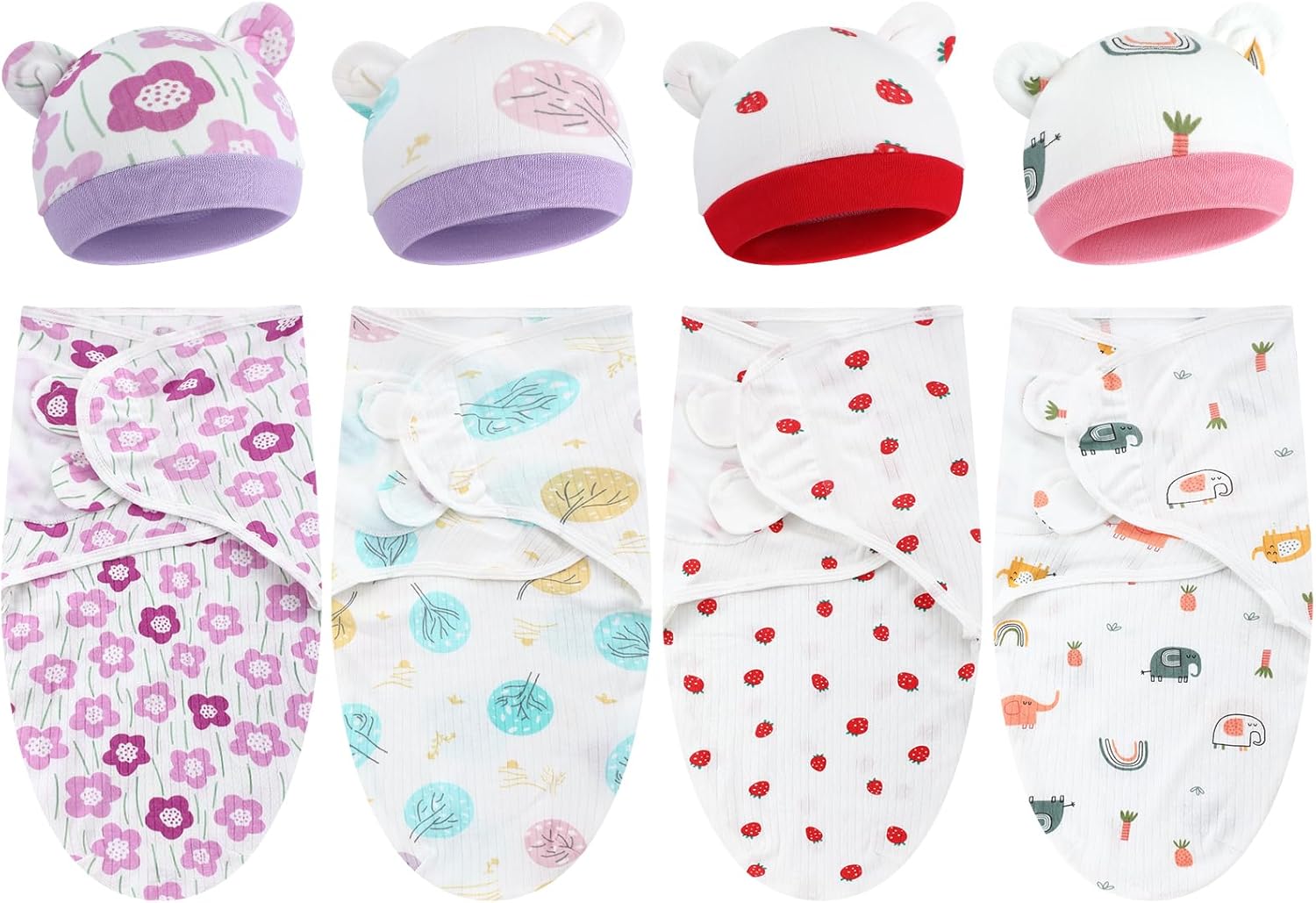 Buryeah 4 Pack Preemie Swaddle Blanket Wrap Set with Hat for Baby Boys Girls 3-7 Lbs Preemie Newborn Clothes Sleepers Cap