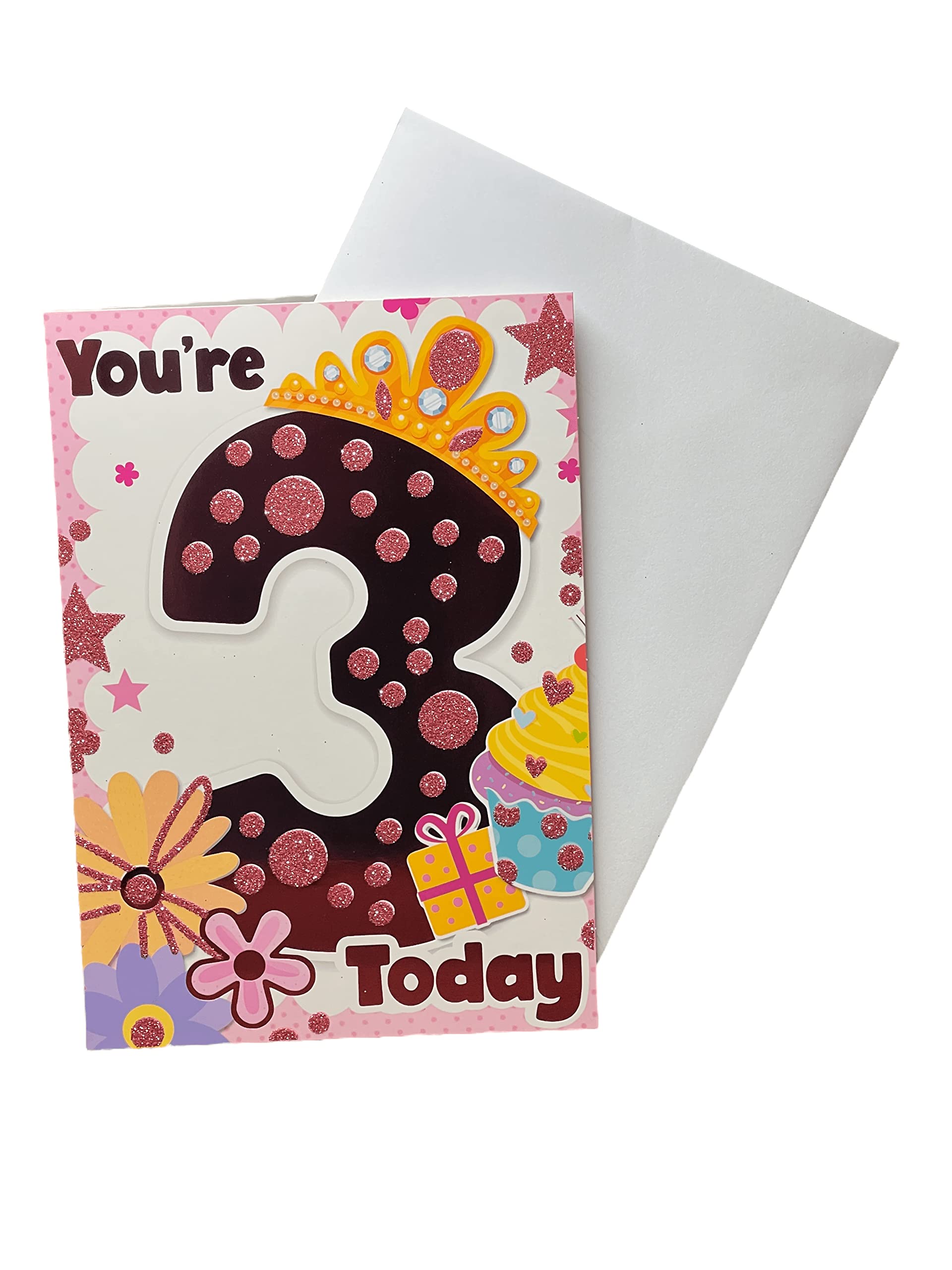 Sensations / Xpress Yourself Birthday Card for Age 3 Girl - Includes Envelope - Princess Crown and Ice Cream Design, pink|yellow|beige|blue