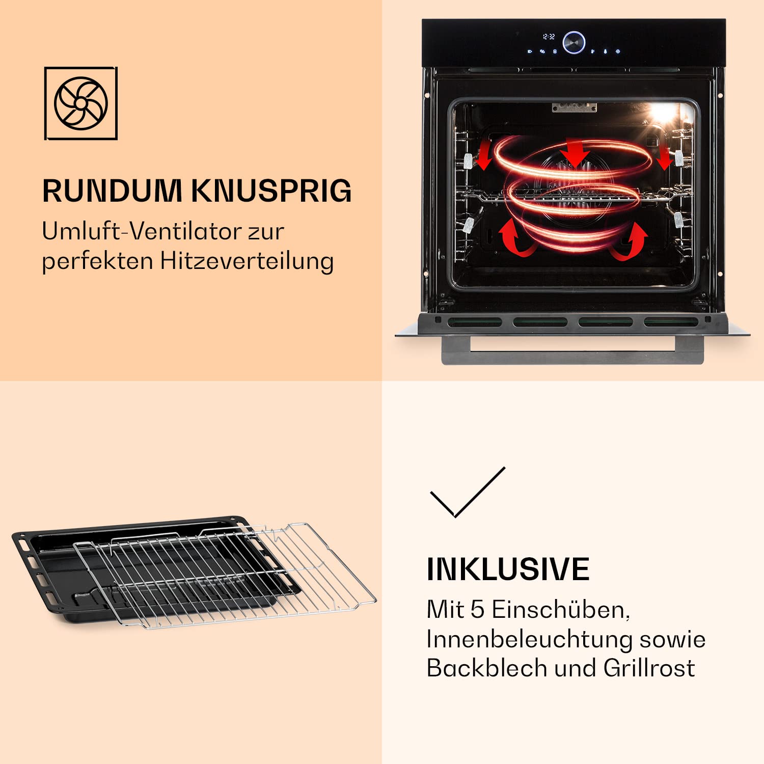 Klarstein Backofen, Einbau-Backofen mit 11 Modi, Einbaugerät mit Stecker, Einbaubackofen Auftau & Grill-Funktion, 73L Ofen App-Control & Drehschalter, in Schwarz