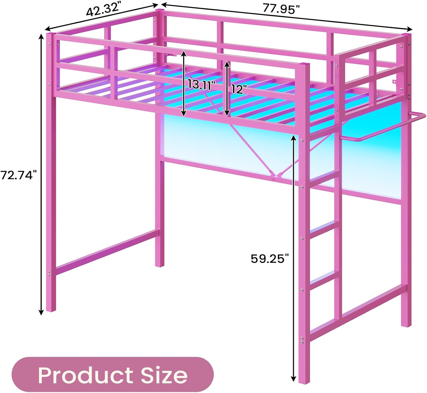 Diagram showing the dimensions of the Hasuit Twin Pink Loft Bed: 77.95 inches L x 42.32 inches W x 72.74 inches H.