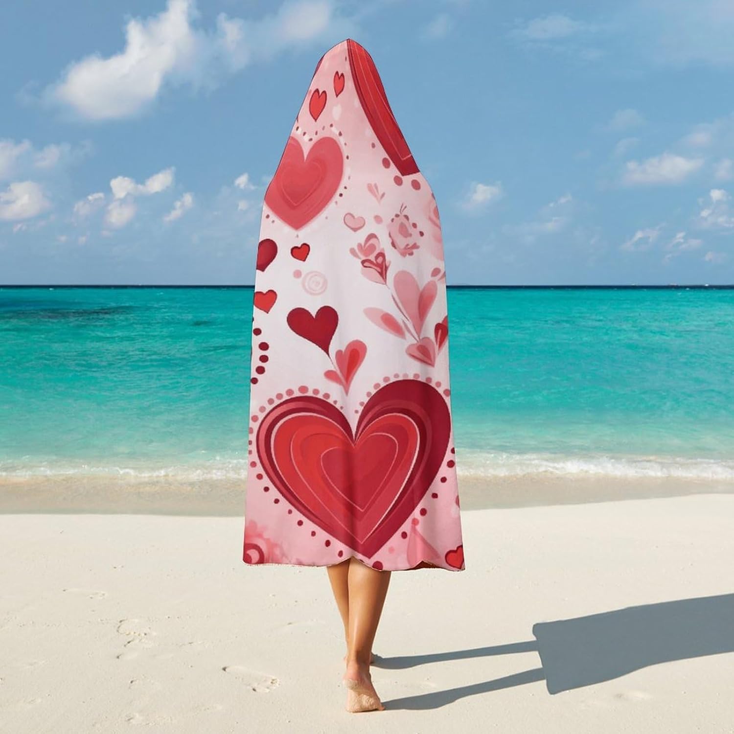 Valentine Pattern Wearable Hooded Blanket, Ultra Soft Arctic Velvet Cape Cloak Unisex - Cozy Wearable Blanket