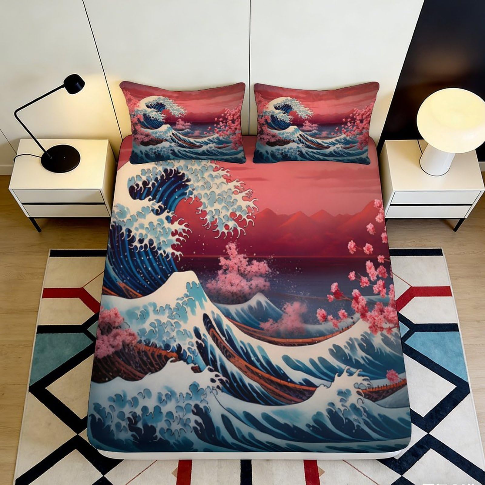 3D Printed Japanese Wave Fitted Sheet Microfiber Soft Breathable Cherry Blossom Mattress Cover for Bedroom Dormitory Guest Room Protective Decor 160x200x25cm