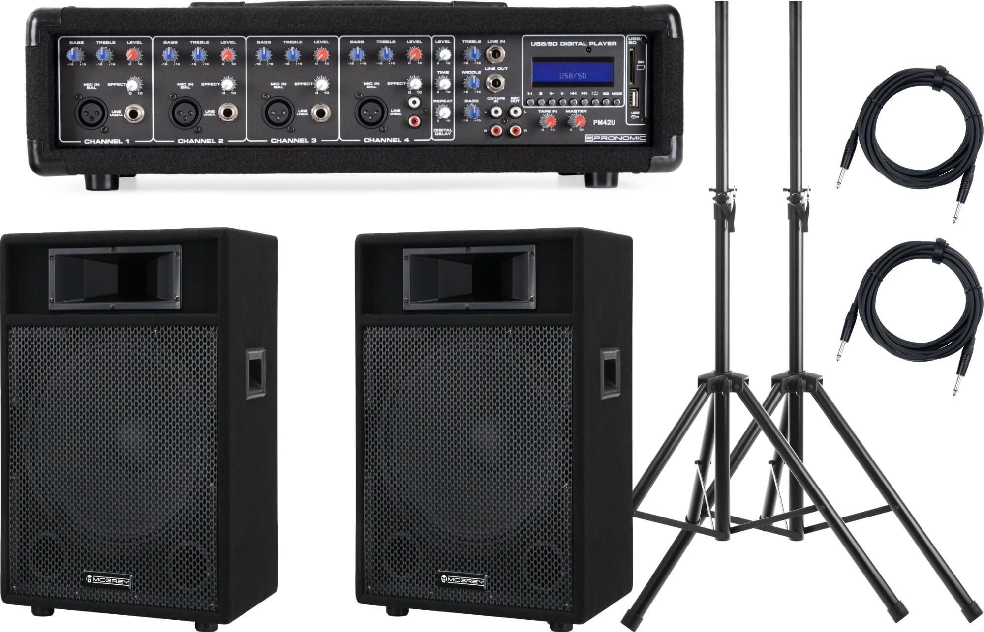 Pronomic PM42-115 StagePower Set Aktivanlage (4-Kanal 100 Watt Powermischer mit MP3-Player, 15" Boxen, Stative und Kabel)