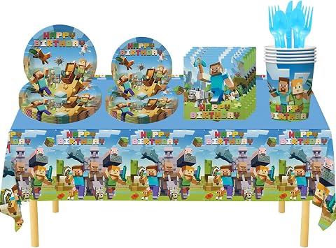 Pixel Birthday Party Decorations, Gamer Party Tableware Set Including Paper Plates, Napkins, Paper Cup, Tablecloth, Fork, Knife, Spoon