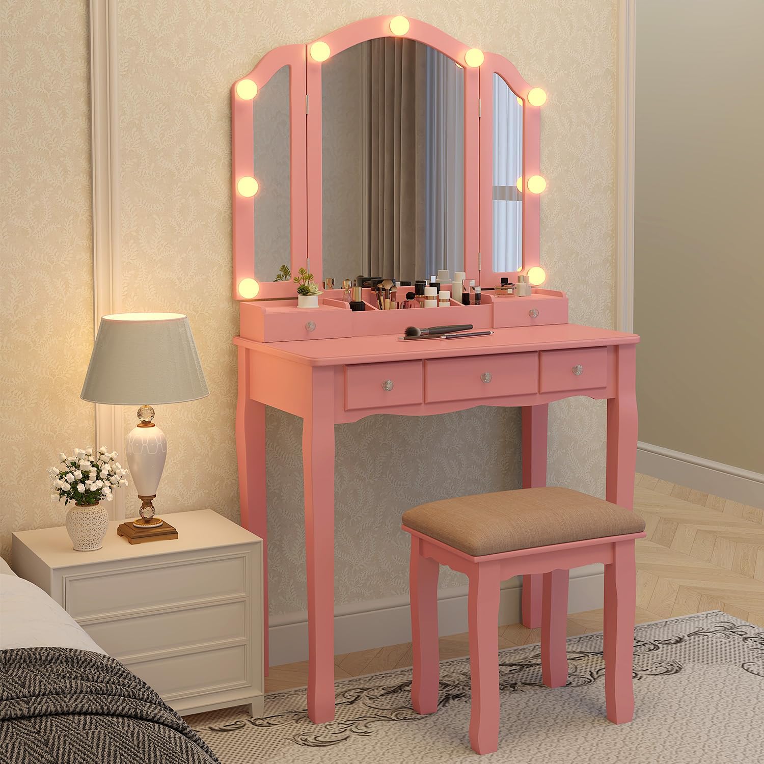 Pink Makeup Vanity Desk with Mirror with Adjustable 3 Color Mode Lights Girls Vanity Table and Chair Set Make Up Vanity Desk with Lighted Mirror Dressing Table with Drawers and Stool