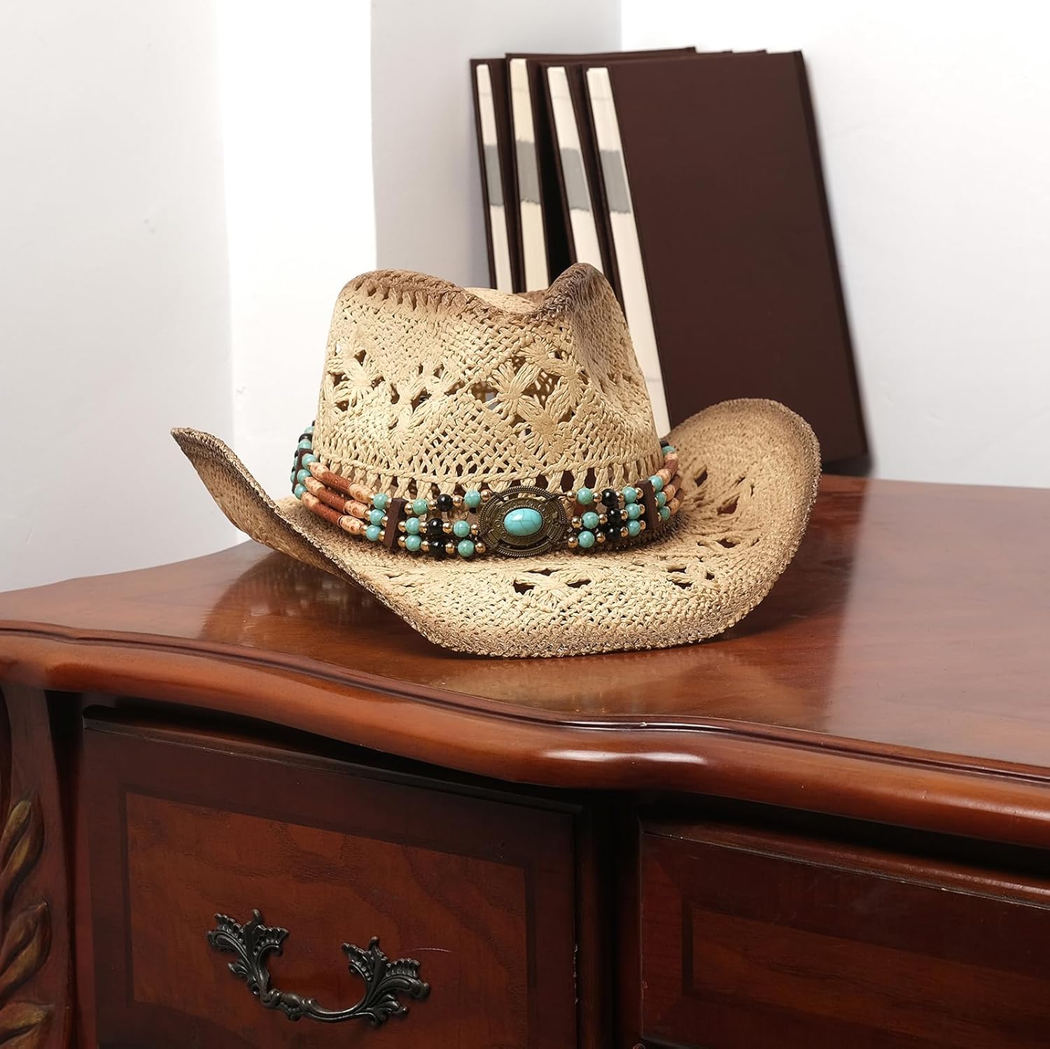 Men's Women's Straw Cowboy Hat Cowgirl Woven Sun Hat Western Cowboy Hat Two Decorative Bands - Image 4