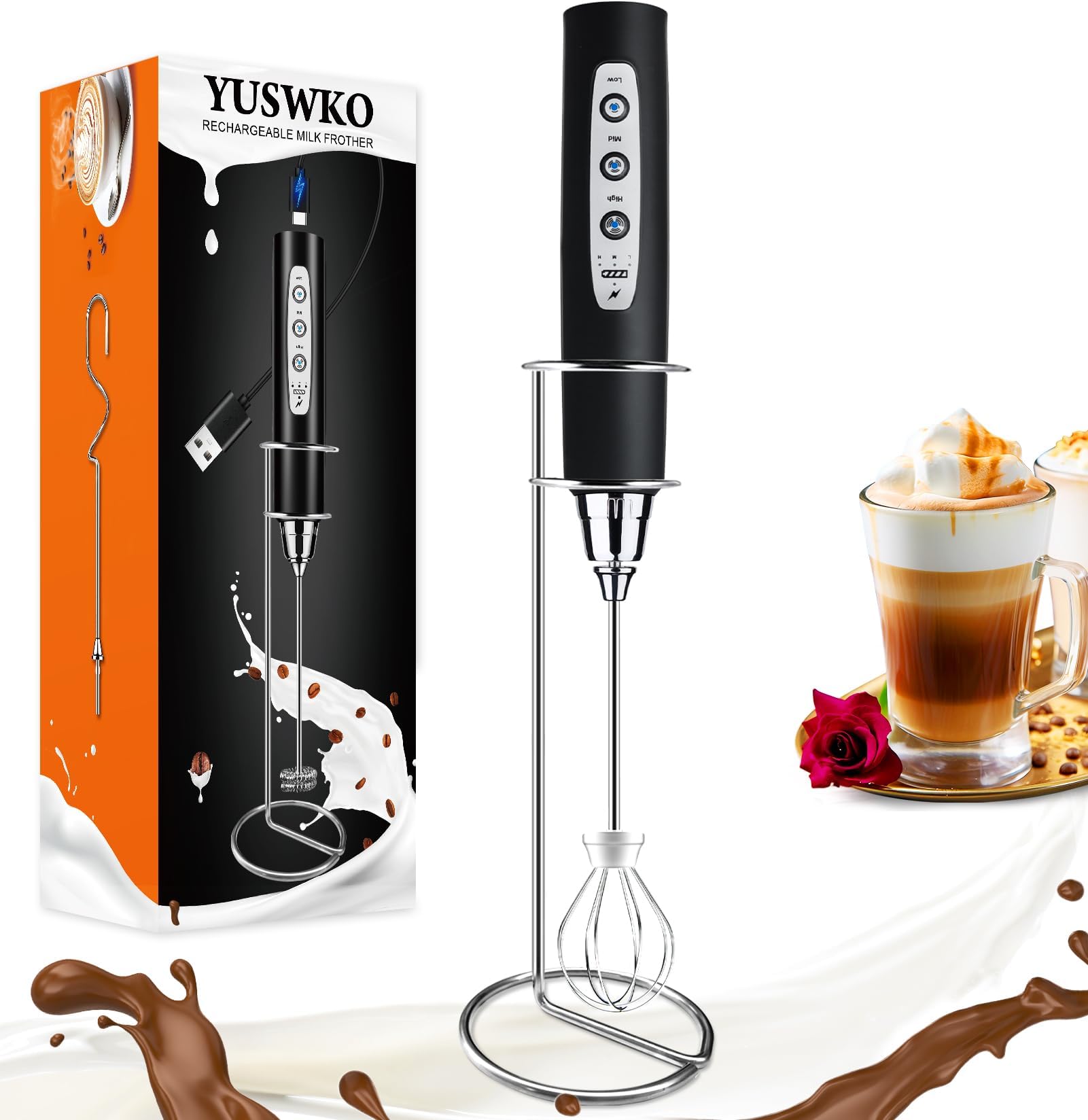 YUSWKO Rechargeable Milk Frother, Handheld Electric Frother Wand with 3 Speeds 3 Detachable Stainless Steel Drink Mixer for Coffee Lattes, Cappuccino, Egg
