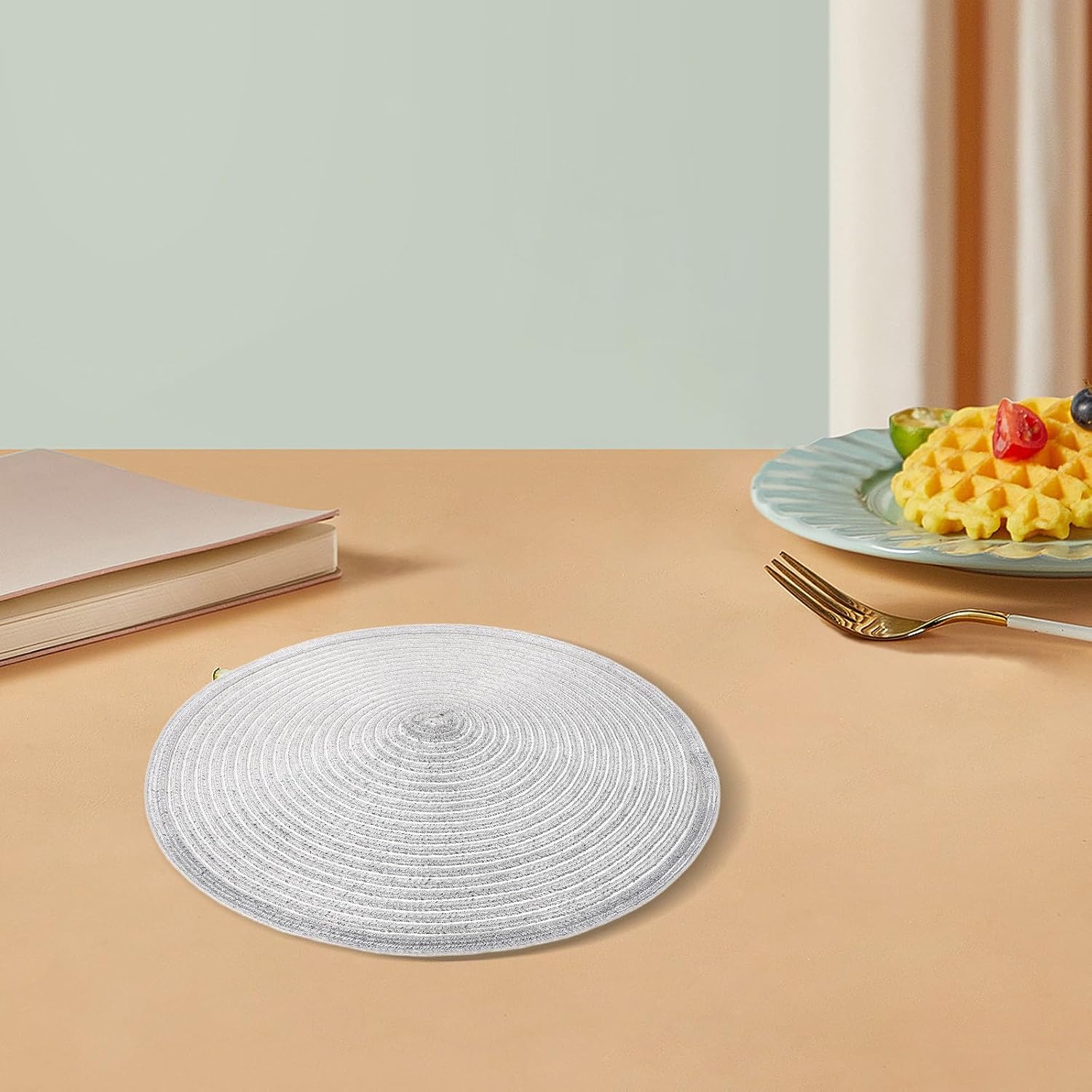 VICASKY 6pcs Cotton Woven Trivet Mats Set Round Heat Resistant Pot Holders Sturdy Washable Kitchen Hot Pads for Cooking and Baking Countertop Use Silver