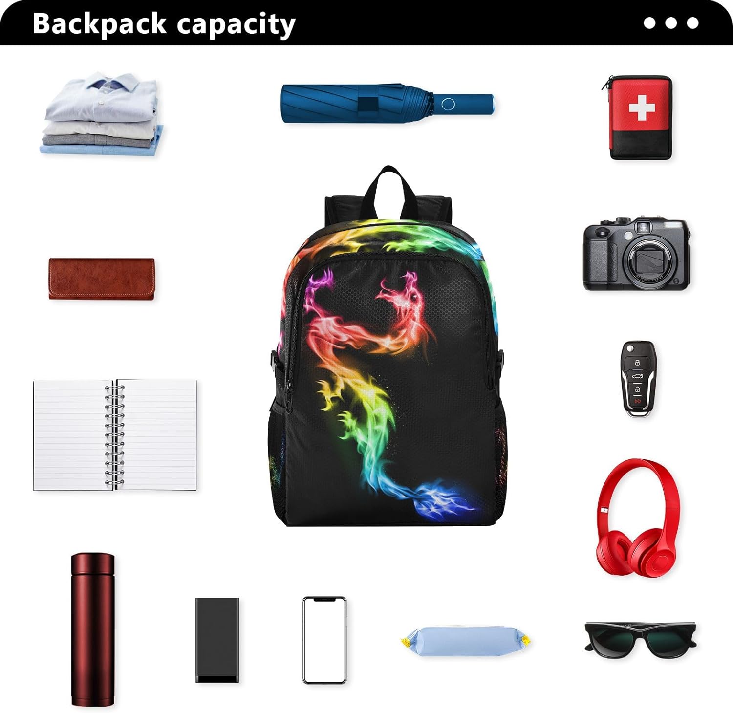 SUABO Lightweight Packable Backpack, Fire Rainbow Dragon Travel Hiking Daypack Foldable Backpack for Men Women
