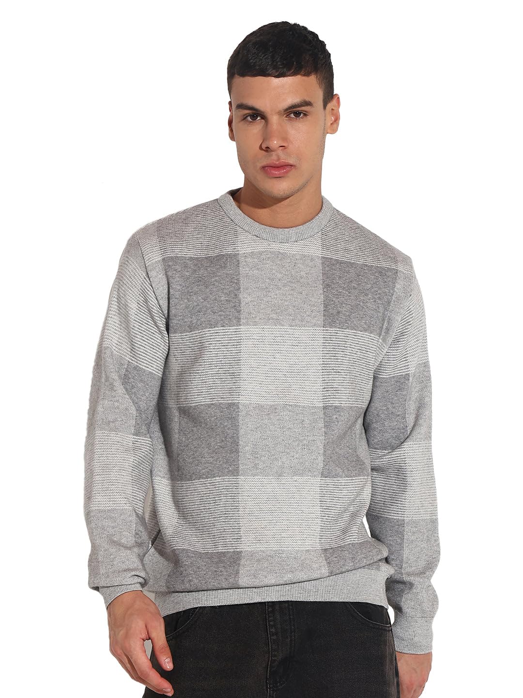 showoffff Edition Men's Checked Grey Ribbed Round Neck Sweater-LBR-2534_Grey-picture-22