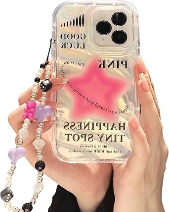 Case for iPhone 11 Pro Max with Phone Charm/Chain,Sparkly Pink Star Pattern Clear Cute Phone Case with Pearl Love Heart Bracelet,Luxury Bling Women Girl Phone Case 6.5