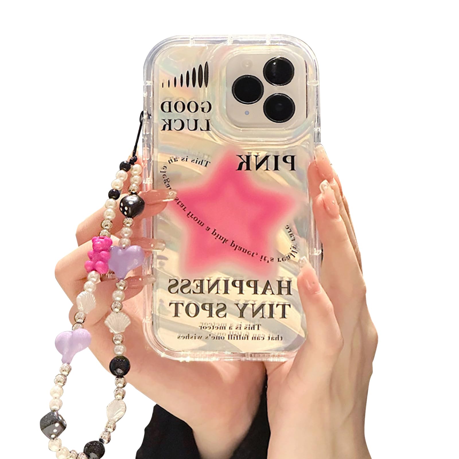 Coque iPhone 11 Pro Max étoile rose et chaîne de téléphone perlée transparente - 8