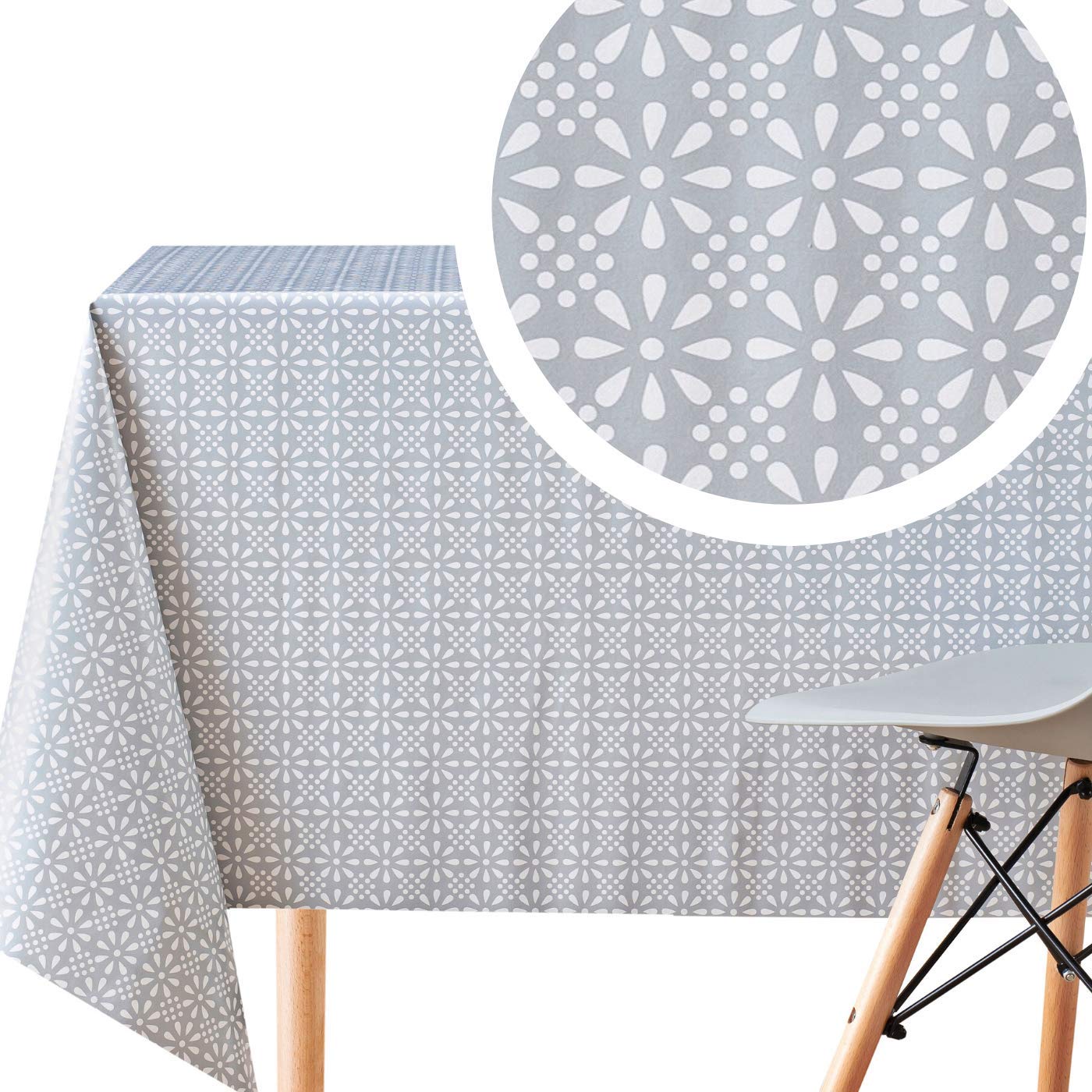 KP HOMESquare Shape Grey PVC Wipe Clean Oilcloth Tablecloth With White Floral Print - 140x140cm - Classic Teal Wipeable Vinyl Plastic Table Cloth