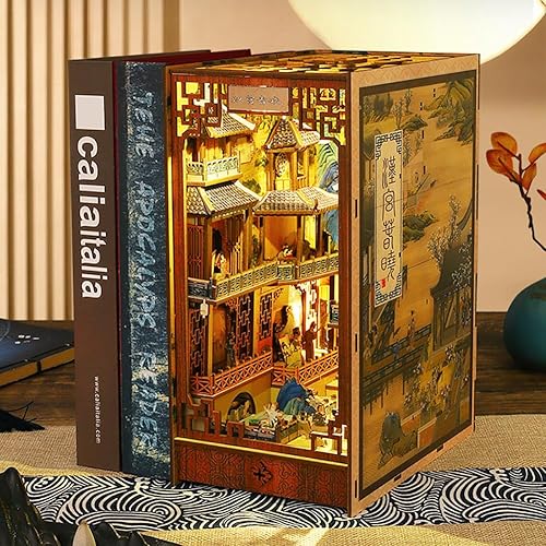 Miniatura 60 de Rompecabezas de madera 3D con caja de música de luz sensor, kit de montaje de rincón de libros en miniatura, kit de montaje de rincón de libros