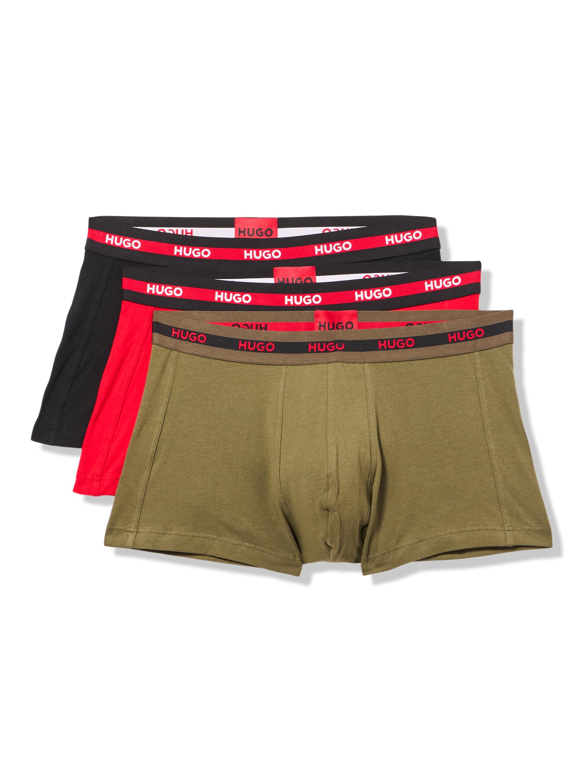 HUGO Men's 3 Pack Bold Logo Cotton Stretch Trunks, Deep Olive / Scooter Red / Solid Black, XXL