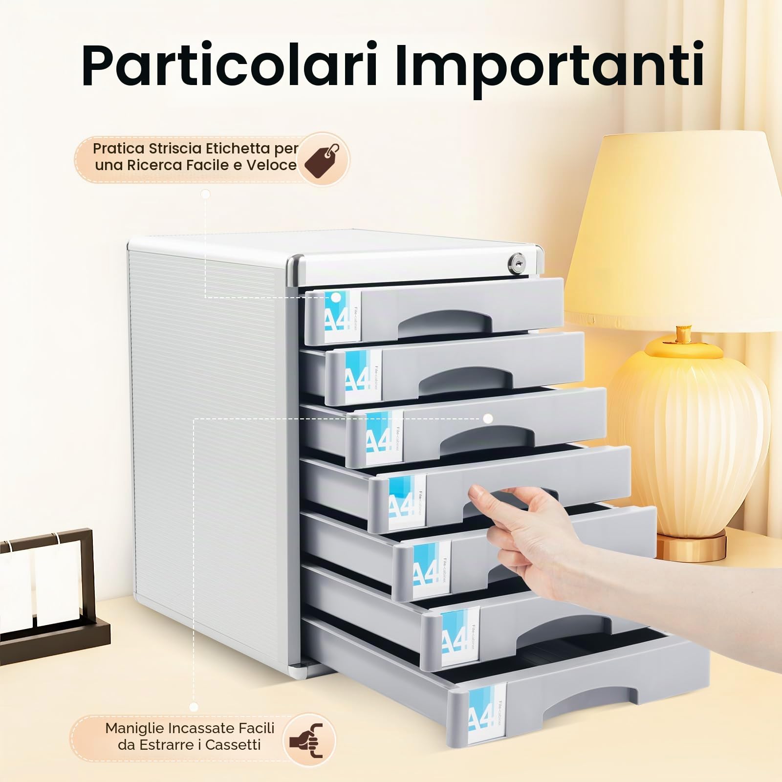 Cassettiera a 7 scomparti, robusta per ufficio, cassetti in metallo, con barra per scrivere e serratura di sicurezza, per riporre documenti e utensili in formato A4