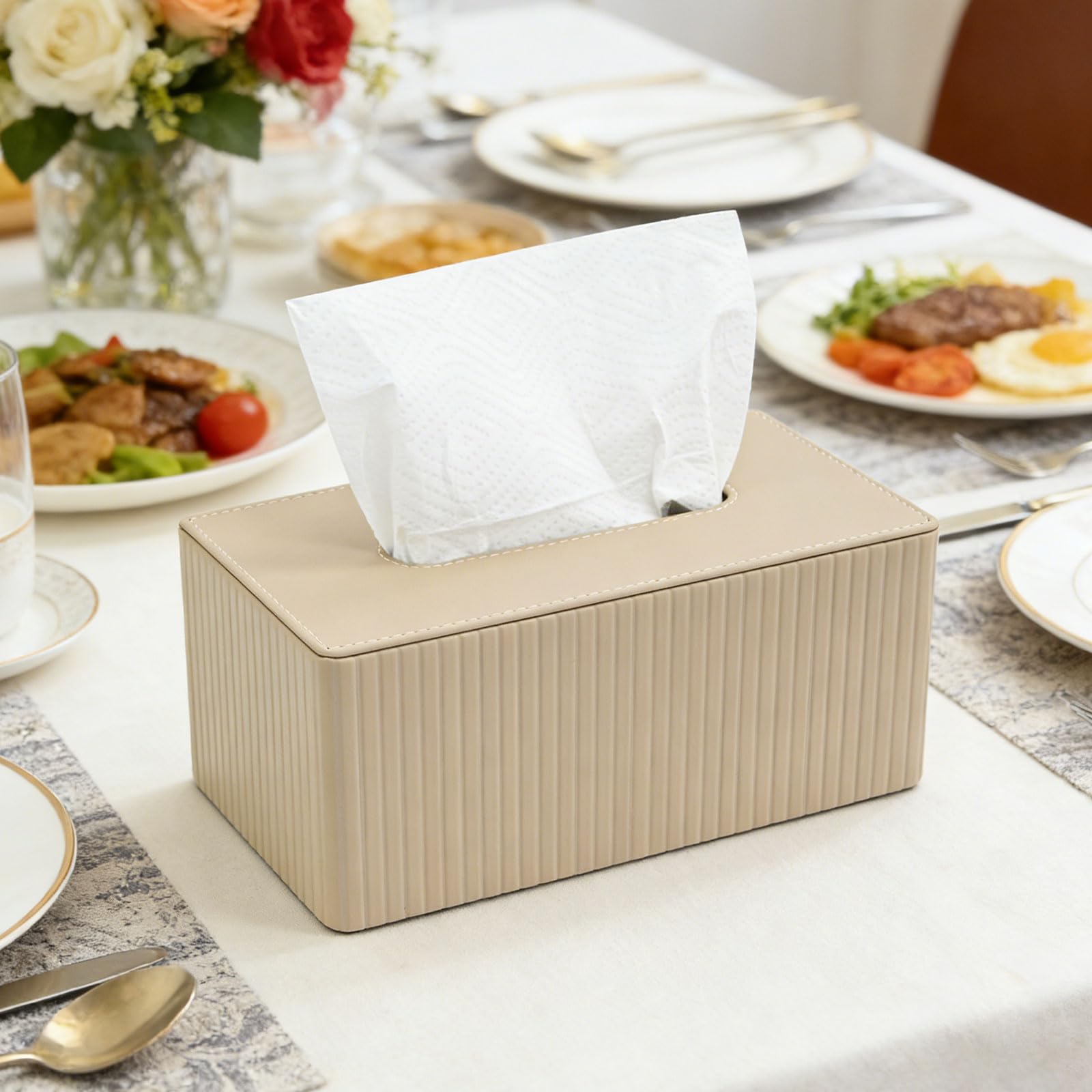 Scatola per fazzoletti in pelle PU, per riporre fazzoletti cosmetici | con chiusura magnetica, beige, decorazione per bagno, soggiorno e ufficio (26 x 15 x 12 cm)