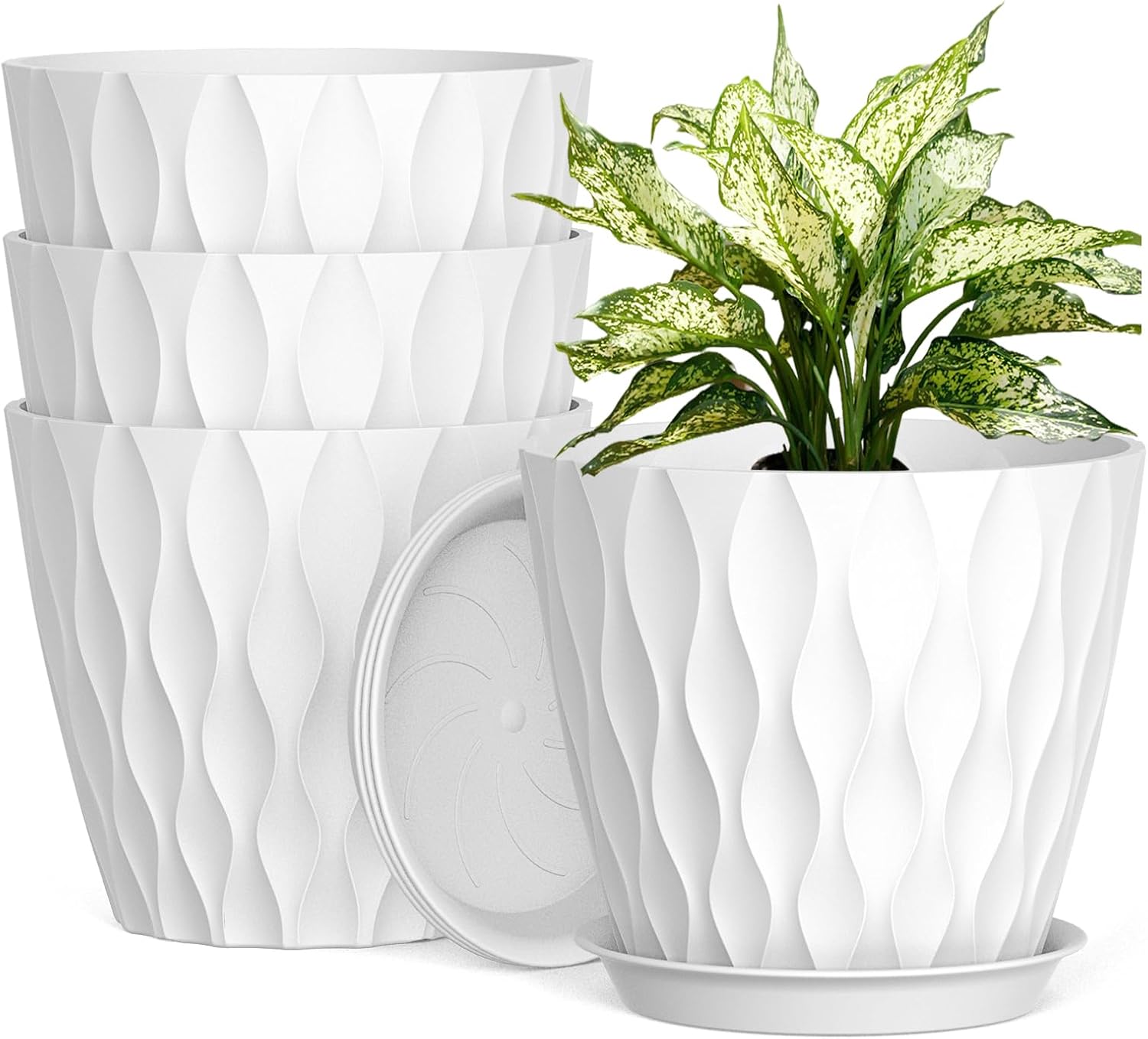 UOUZ 8 Inch Plant Pots, 4 Pack Plastic Planters for Indoor Outdoor with Drainage Holes & Saucers, Waffle Texture Flower Pots for Indoor Plants, Indoor Plant Pots for Monstera, Fiddle Leaf Fig, White