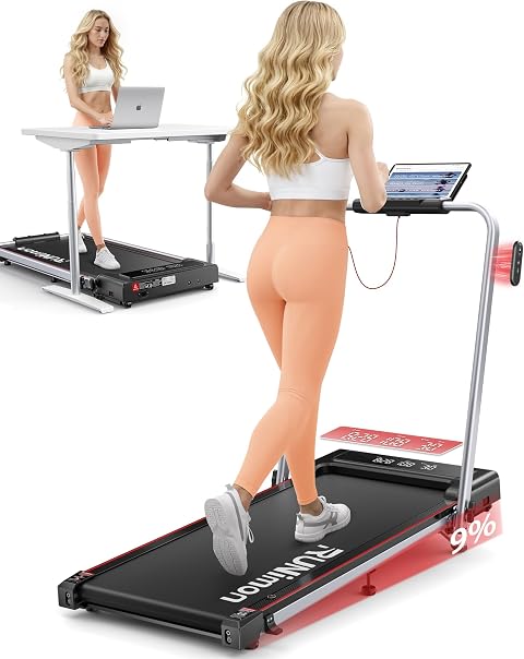 Tapis Roulant Elettrico Piehevole, 6 IN 1 Tapis Roulant Salvaspazio, Inclinazione 9%, 12 km/h, 2.5HP, Tapirulan con 2 Display LED, APP, Due Modalità di Controllo
