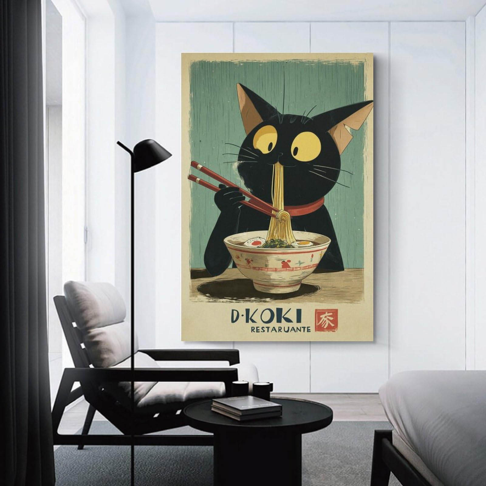 Junmoney Unframe-Style Wall Decor Canvas Print Japanese Cat Ramen Restaurant, 24X36inch(60X90cm), For Living Spaces, Bedrooms Or Relaxed Rooms, A Home Accent With Warm Character